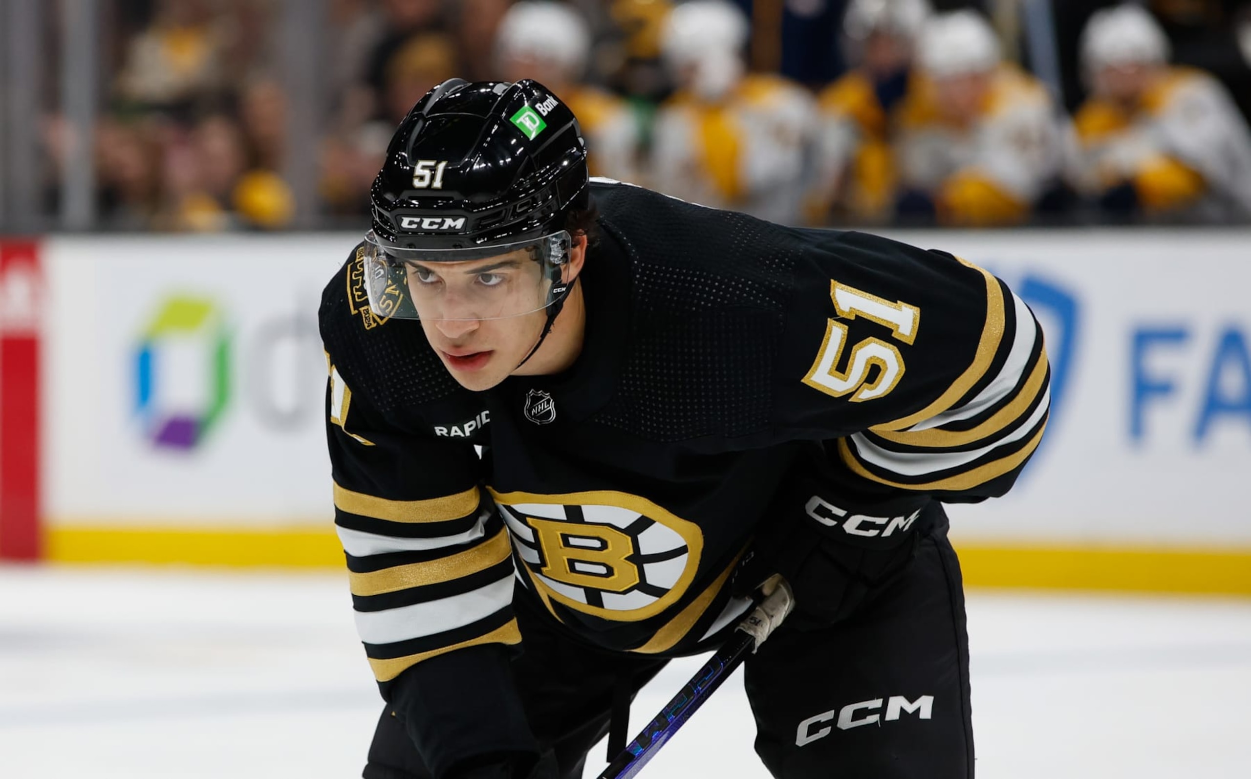 BOSTON, MASSACHUSETTS - OCTOBER 14: Matthew Poitras #51 of the Boston Bruins skates against the Nashville Predators during the third period at the TD Garden on October 14, 2023 in Boston, Massachusetts. The Bruins won 3-2. (Photo by Richard T Gagnon/Getty Images)