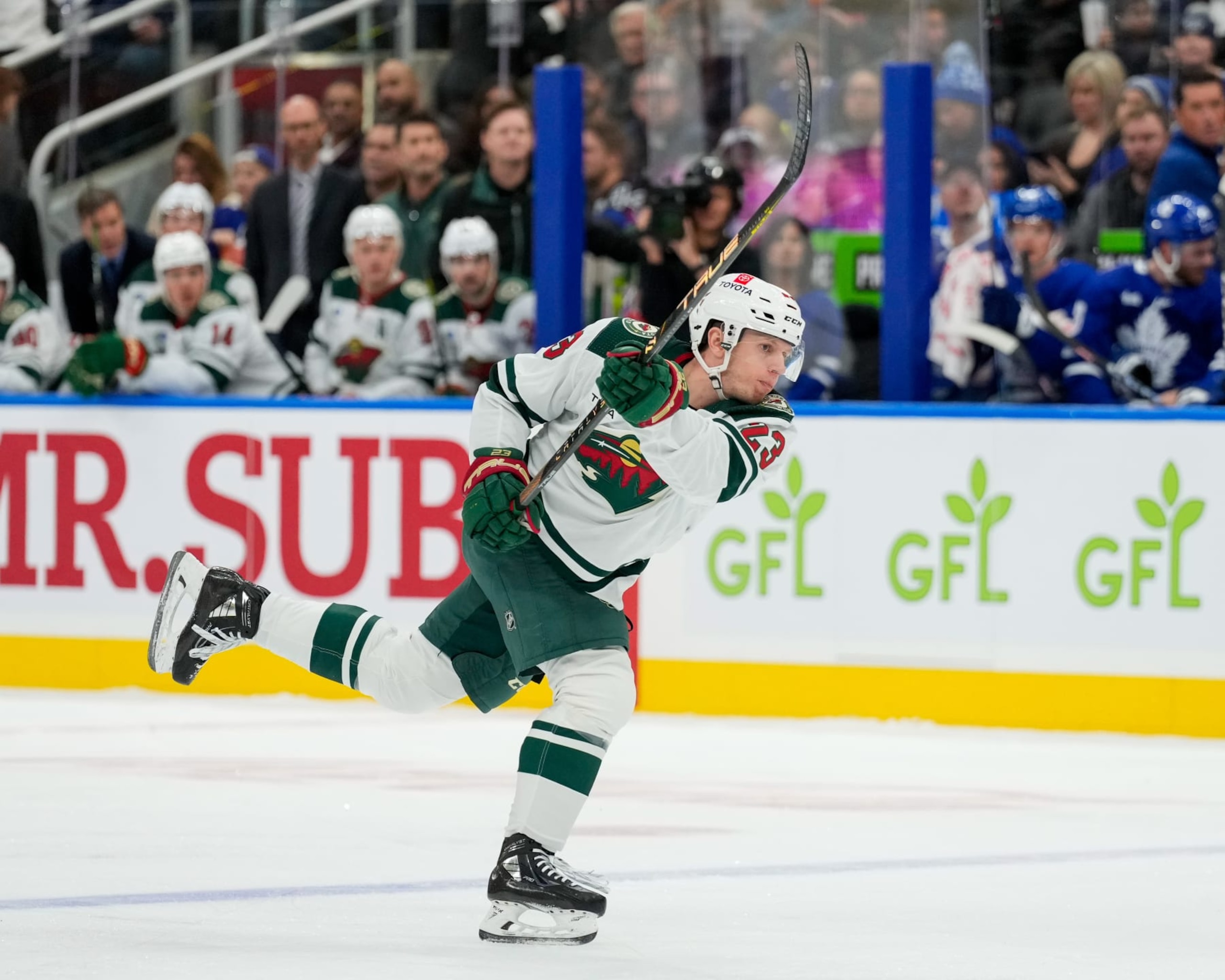 TORONTO, ON - OCTOBER 14: Marco Rossi #23 of the Minnesota Wild shoots against the Toronto Maple Leafs during the first period at the Scotiabank Arena on October 14, 2023 in Toronto, Ontario, Canada. (Photo by Kevin Sousa/NHLI via Getty Images)
