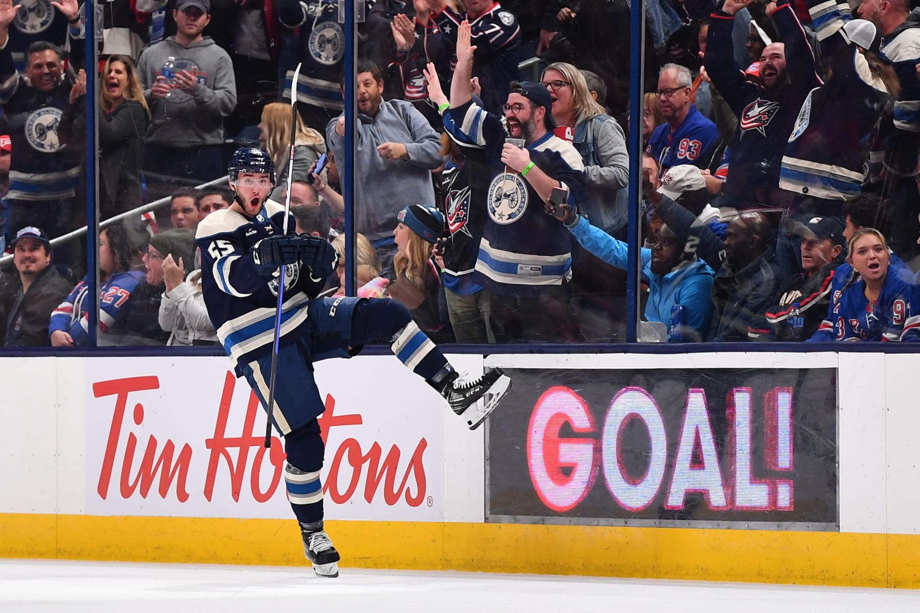 COLUMBUS, OHIO - OCTOBER 14: David Jiricek #55 of the Columbus Blue Jackets reacts after scoring his first career NHL goal during the second period of a game against the New York Rangers at Nationwide Arena on October 14, 2023 in Columbus, Ohio. (Photo by Ben Jackson/NHLI via Getty Images)