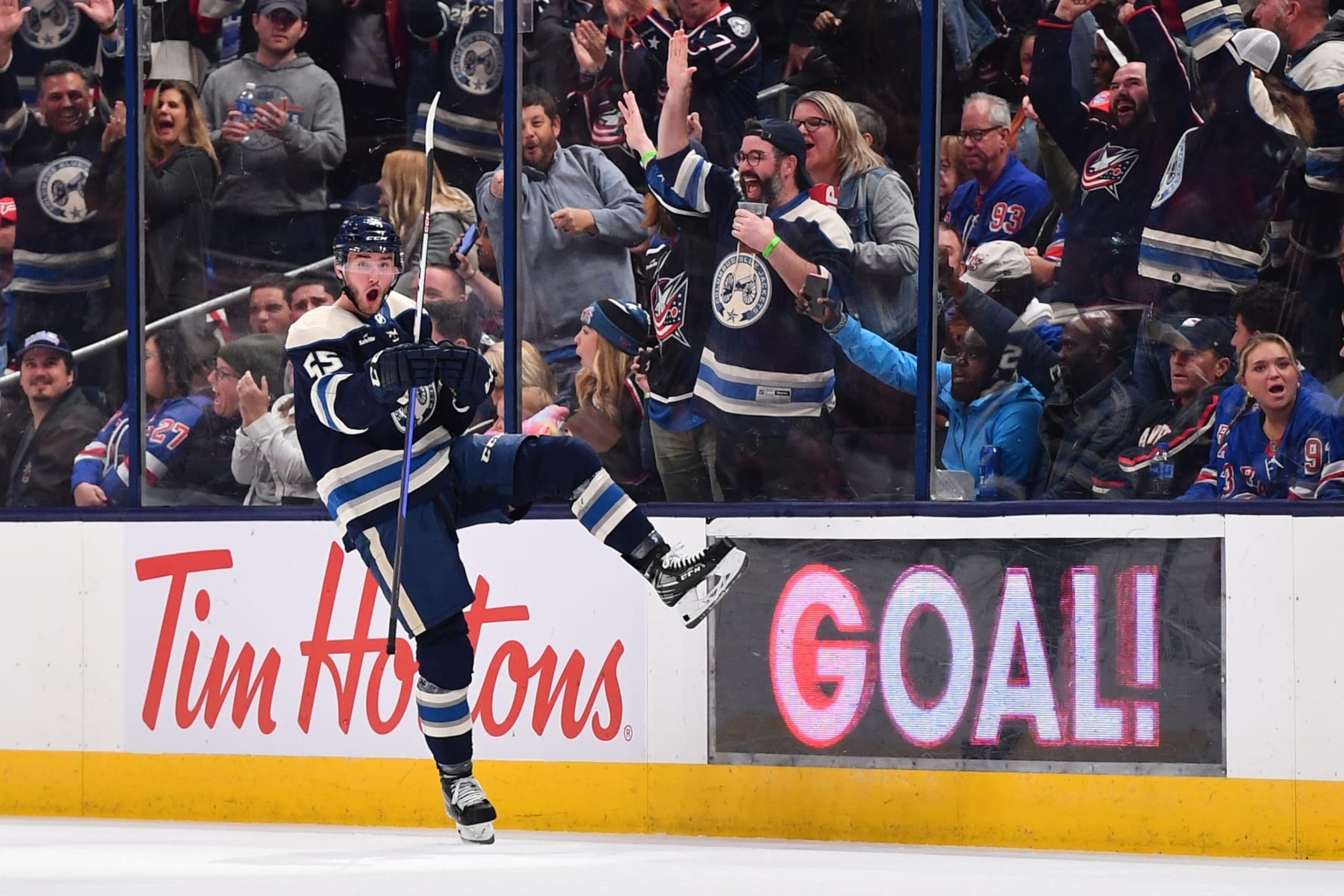 COLUMBUS, OHIO - OCTOBER 14: David Jiricek #55 of the Columbus Blue Jackets reacts after scoring his first career NHL goal during the second period of a game against the New York Rangers at Nationwide Arena on October 14, 2023 in Columbus, Ohio. (Photo by Ben Jackson/NHLI via Getty Images)