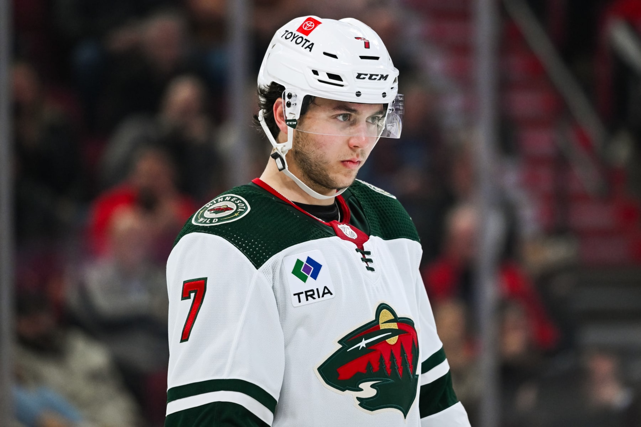 MONTREAL, QC - OCTOBER 17: Look on Minnesota Wild defenseman Brock Faber (7) during the Minnesota Wild versus the Montreal Canadiens game on October 17, 2023, at Bell Centre in Montreal, QC (Photo by David Kirouac/Icon Sportswire via Getty Images)