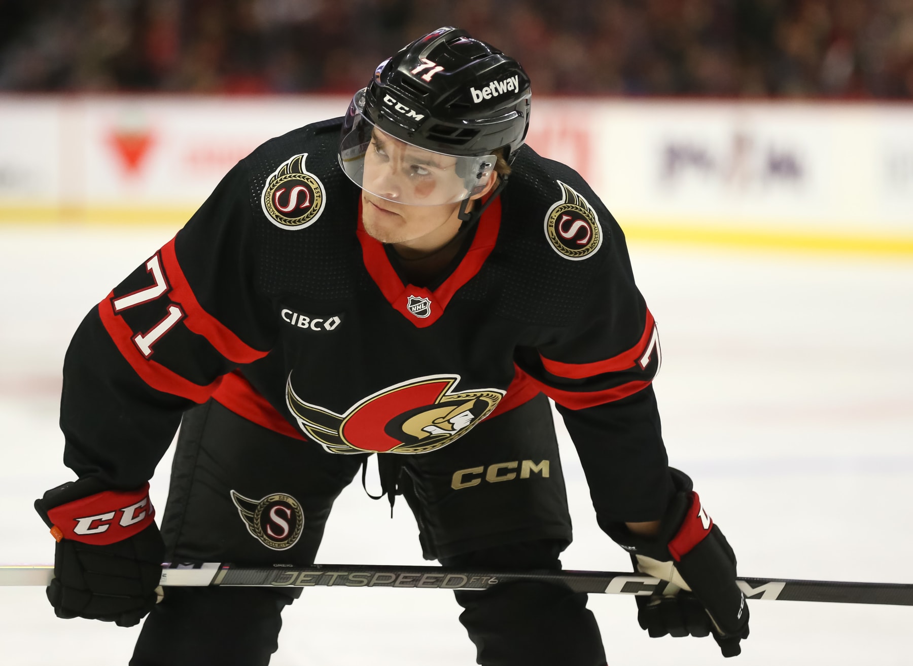 OTTAWA, CANADA - OCTOBER 14: Ridly Greig #71 of the Ottawa Senators skates against the Philadelphia Flyers at Canadian Tire Centre on October 14, 2023 in Ottawa, Ontario, Canada. (Photo by Chris Tanouye/Freestyle Photography/Getty Images)