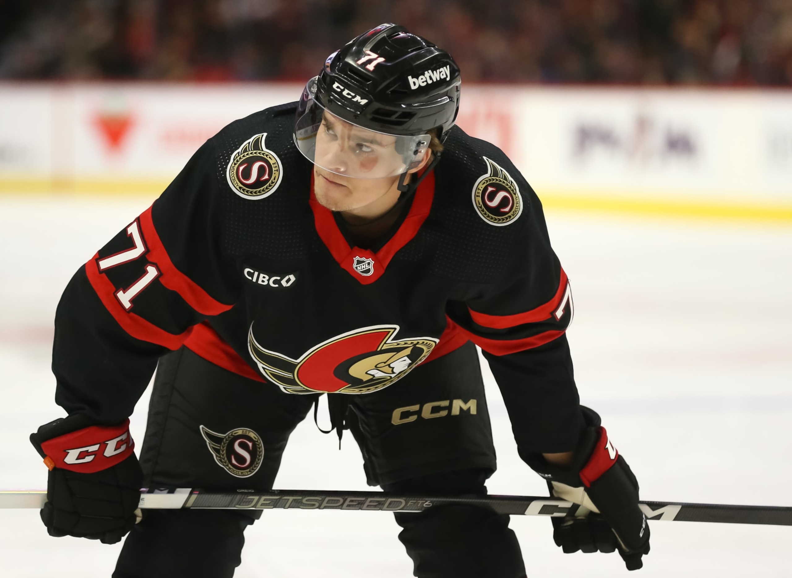 OTTAWA, CANADA - OCTOBER 14: Ridly Greig #71 of the Ottawa Senators skates against the Philadelphia Flyers at Canadian Tire Centre on October 14, 2023 in Ottawa, Ontario, Canada. (Photo by Chris Tanouye/Freestyle Photography/Getty Images)