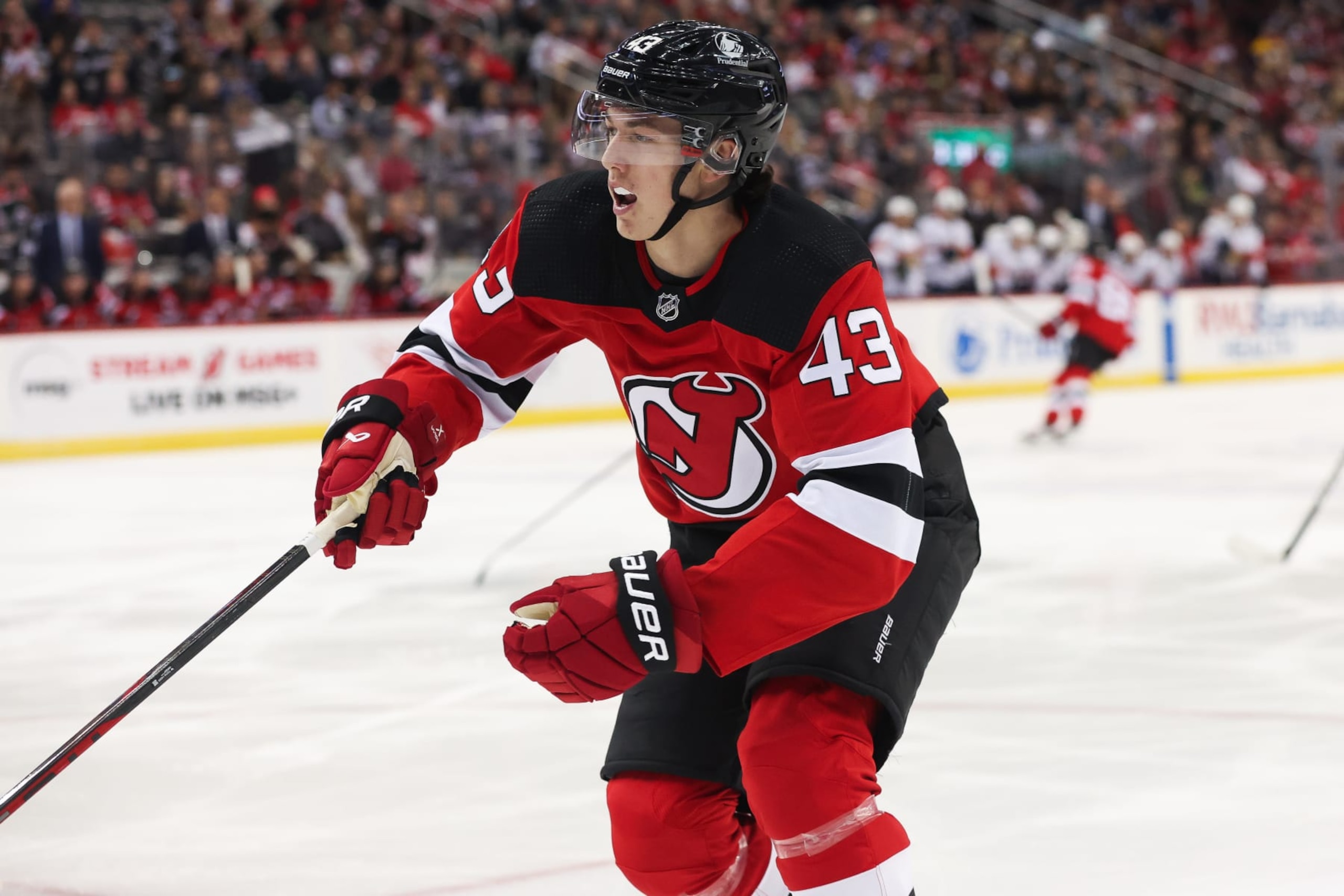 NEWARK, NJ - OCTOBER 16: New Jersey Devils defenseman Luke Hughes (43) skates during a game between the Florida Panthers and New Jersey Devils on October 16, 2023 at Prudential Center in the Newark, New Jersey.(Photo by Andrew Mordzynski/Icon Sportswire via Getty Images)