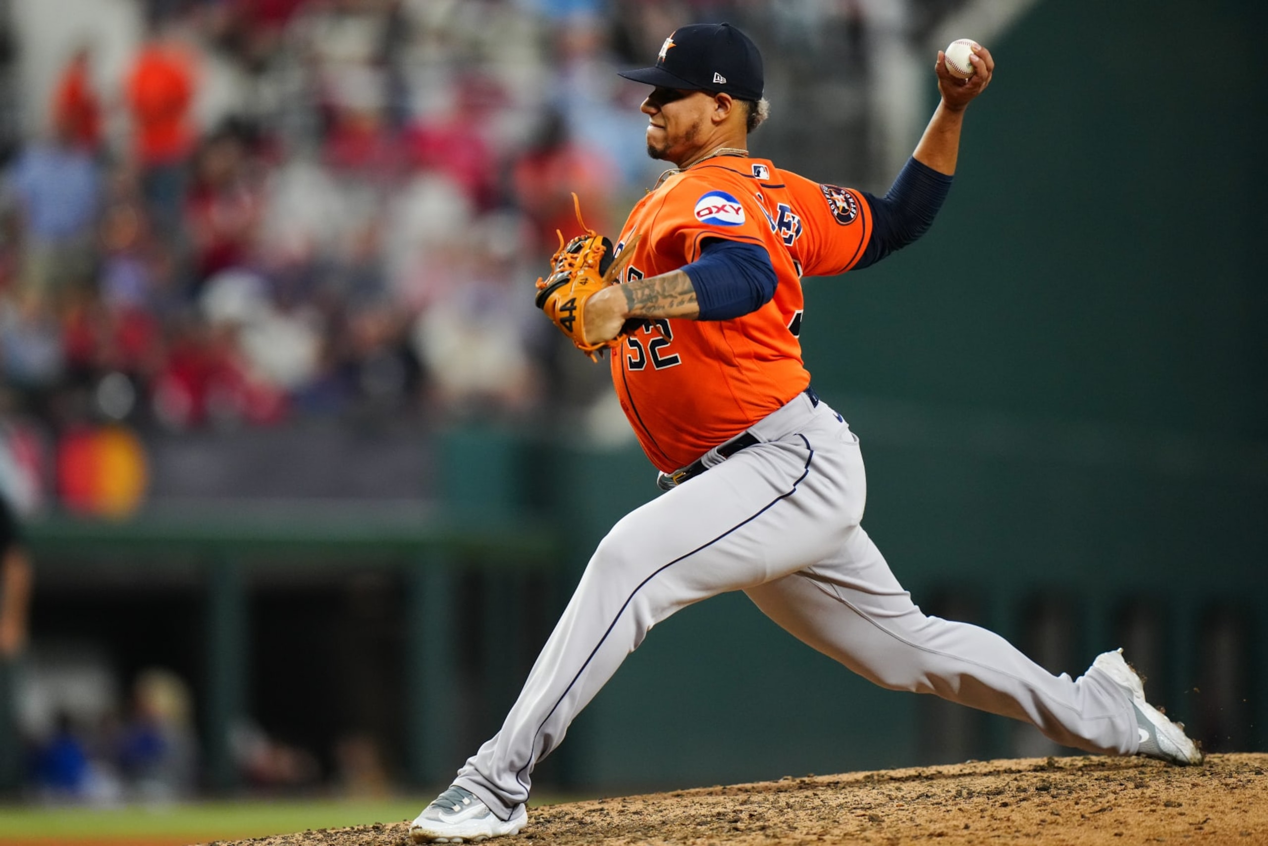 ARLINGTON, TX - OCTOBER 20: Bryan Abreu #52 of the Houston Astros pitches during Game 5 of the ALCS between the Houston Astros and the Texas Rangers at Globe Life Field on Friday, October 20, 2023 in Arlington, Texas. (Photo by Daniel Shirey/MLB Photos via Getty Images) ARLINGTON, TX - OCTOBER 20: Bryan Abreu #52 of the Houston Astros pitches during Game 5 of the ALCS between the Houston Astros and the Texas Rangers at Globe Life Field on Friday, October 20, 2023 in Arlington, Texas. (Photo by Daniel Shirey/MLB Photos via Getty Images)