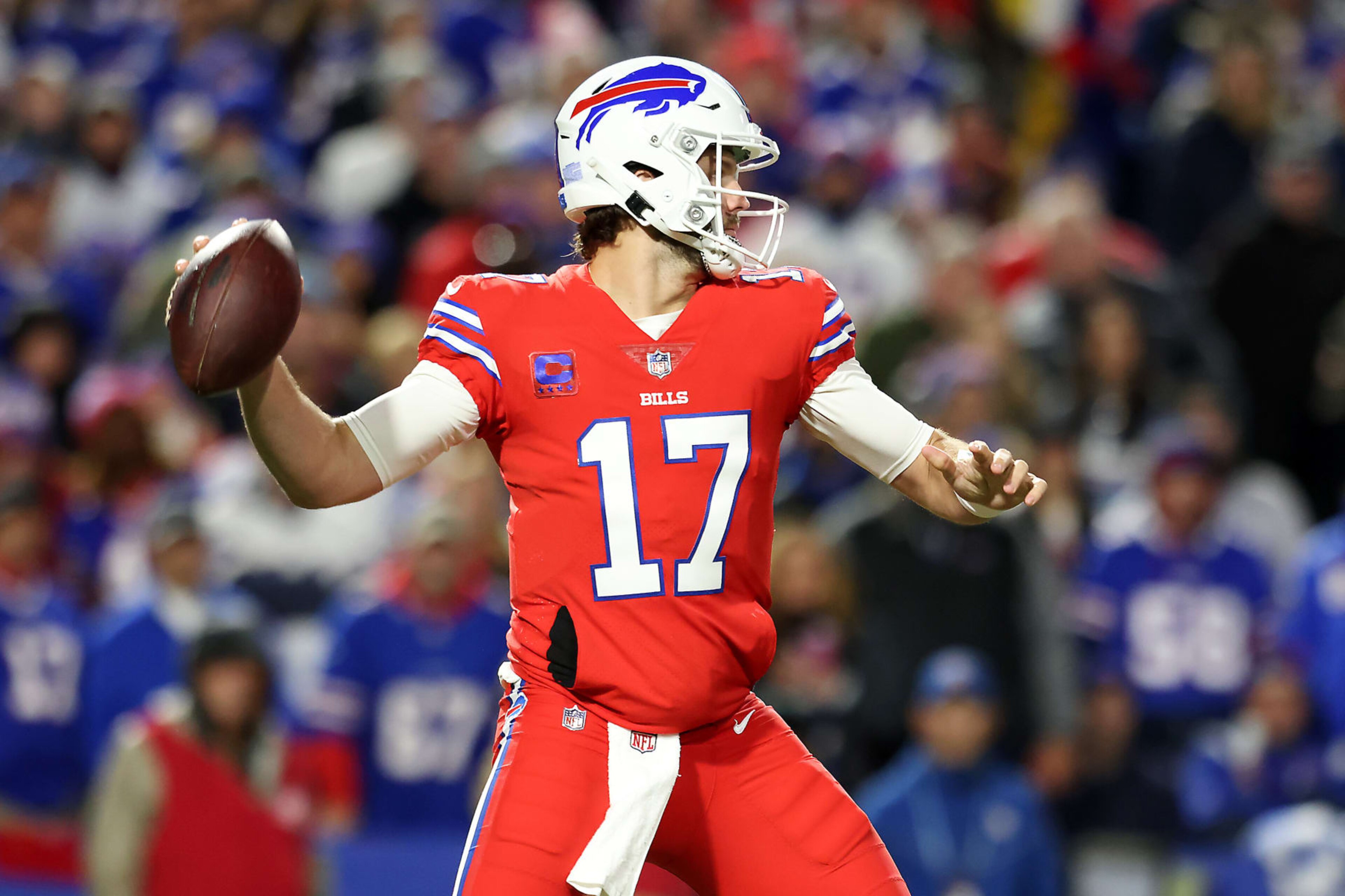 ORCHARD PARK, NEW YORK - OCTOBER 15: Josh Allen #17 of the Buffalo Bills throws a pass in the first quarter of a game against the New York Giants at Highmark Stadium on October 15, 2023 in Orchard Park, New York. (Photo by Bryan M. Bennett/Getty Images) ORCHARD PARK, NEW YORK - OCTOBER 15: Josh Allen #17 of the Buffalo Bills throws a pass in the first quarter of a game against the New York Giants at Highmark Stadium on October 15, 2023 in Orchard Park, New York. (Photo by Bryan M. Bennett/Getty Images)