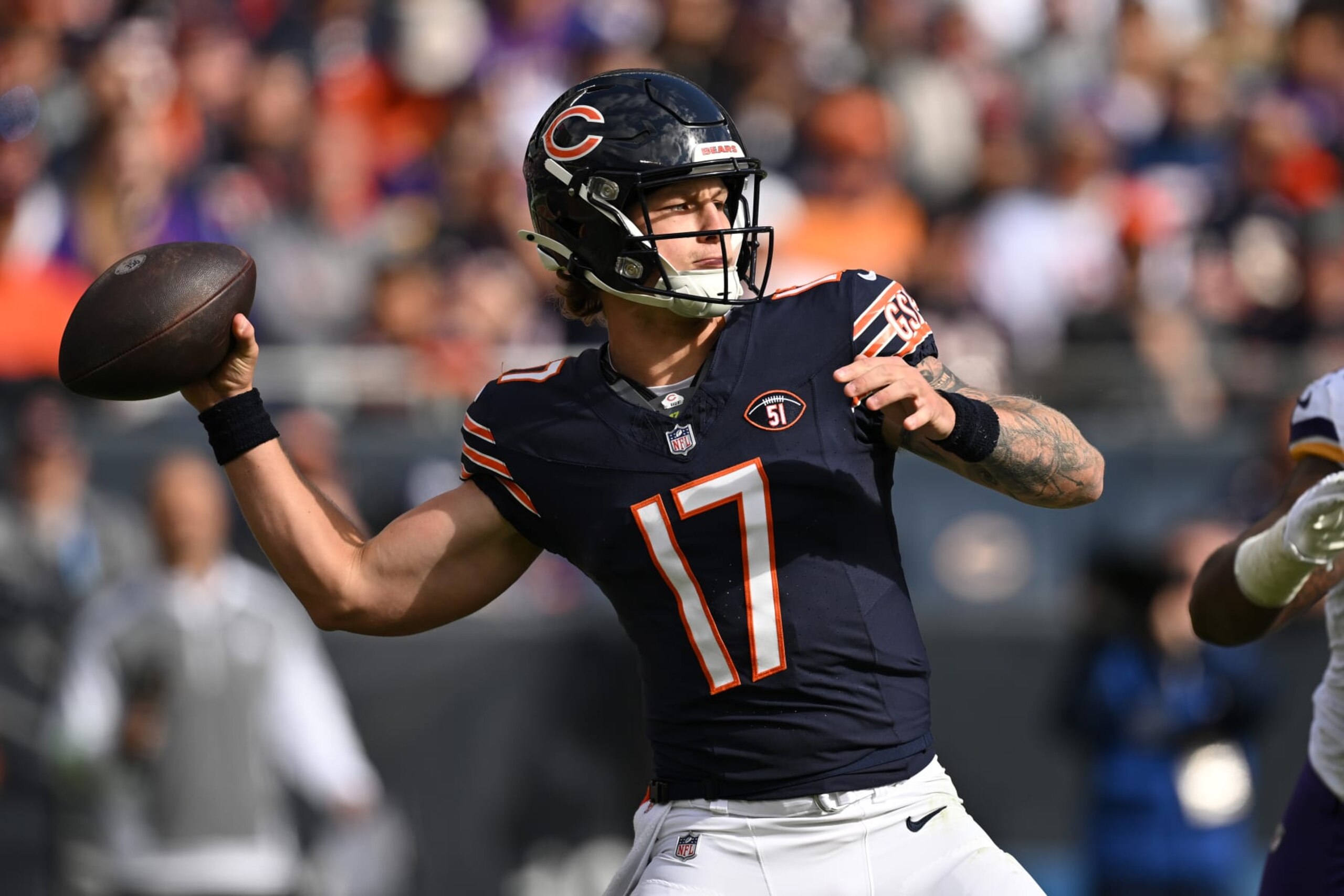 CHICAGO, ILLINOIS - OCTOBER 15: Tyson Bagent #17 of the Chicago Bears throws a pass during the third quarter in the game against the Minnesota Vikings at Soldier Field on October 15, 2023 in Chicago, Illinois. (Photo by Quinn Harris/Getty Images)