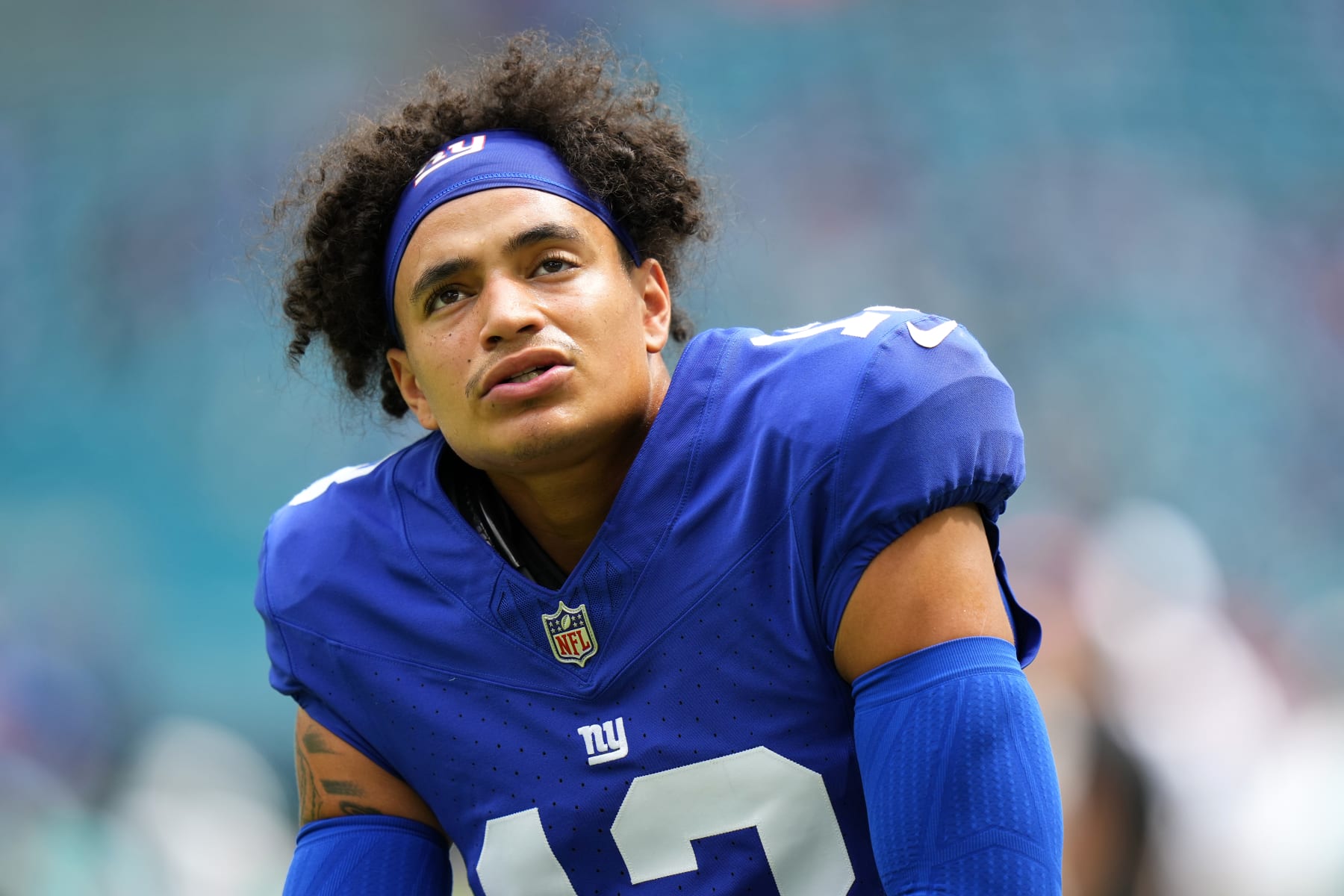 MIAMI GARDENS, FLORIDA - OCTOBER 08: Jalin Hyatt #13 of the New York Giants looks on prior to the game against the Miami Dolphins at Hard Rock Stadium on October 08, 2023 in Miami Gardens, Florida. (Photo by Rich Storry/Getty Images)