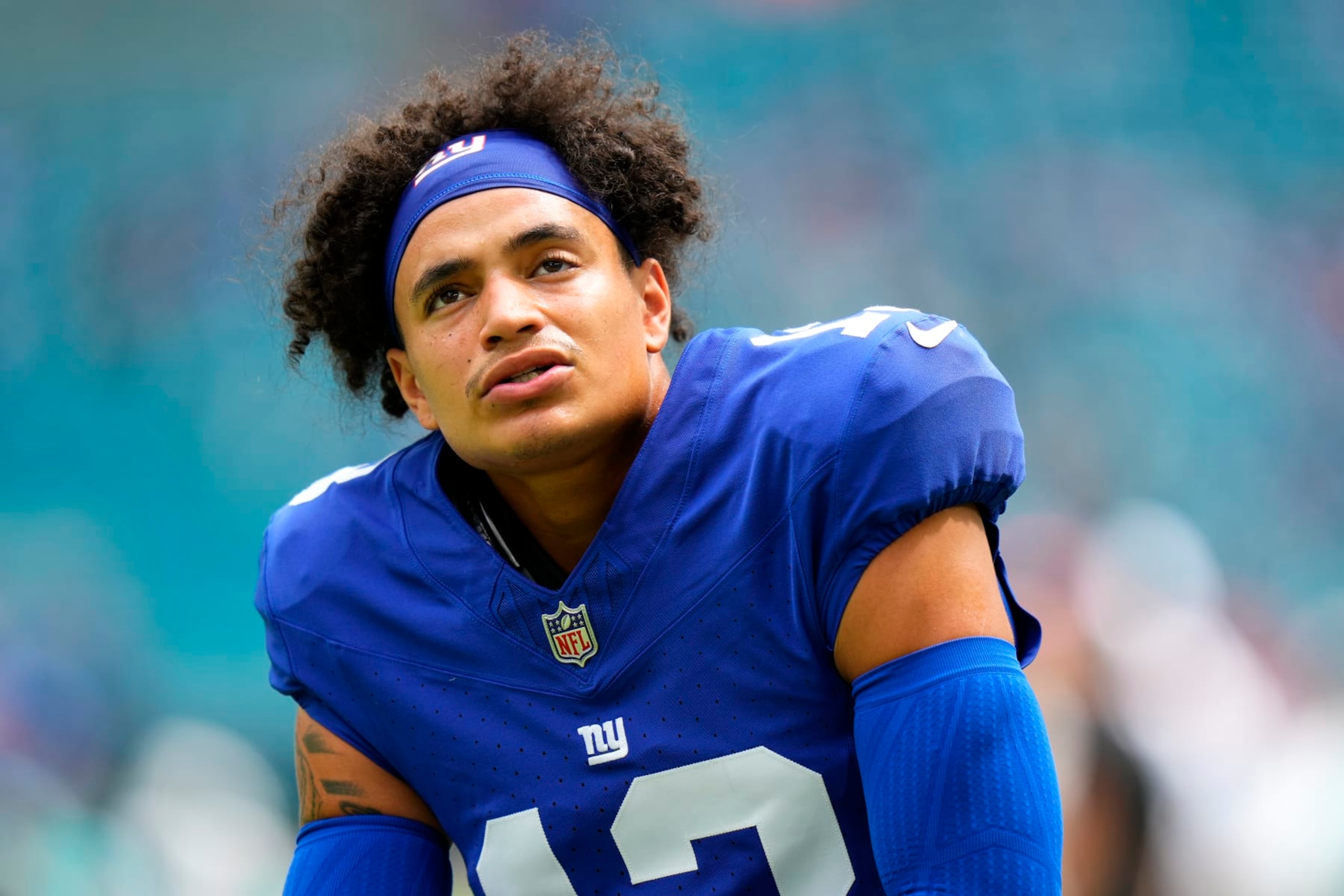 MIAMI GARDENS, FLORIDA - OCTOBER 08: Jalin Hyatt #13 of the New York Giants looks on prior to the game against the Miami Dolphins at Hard Rock Stadium on October 08, 2023 in Miami Gardens, Florida. (Photo by Rich Storry/Getty Images)