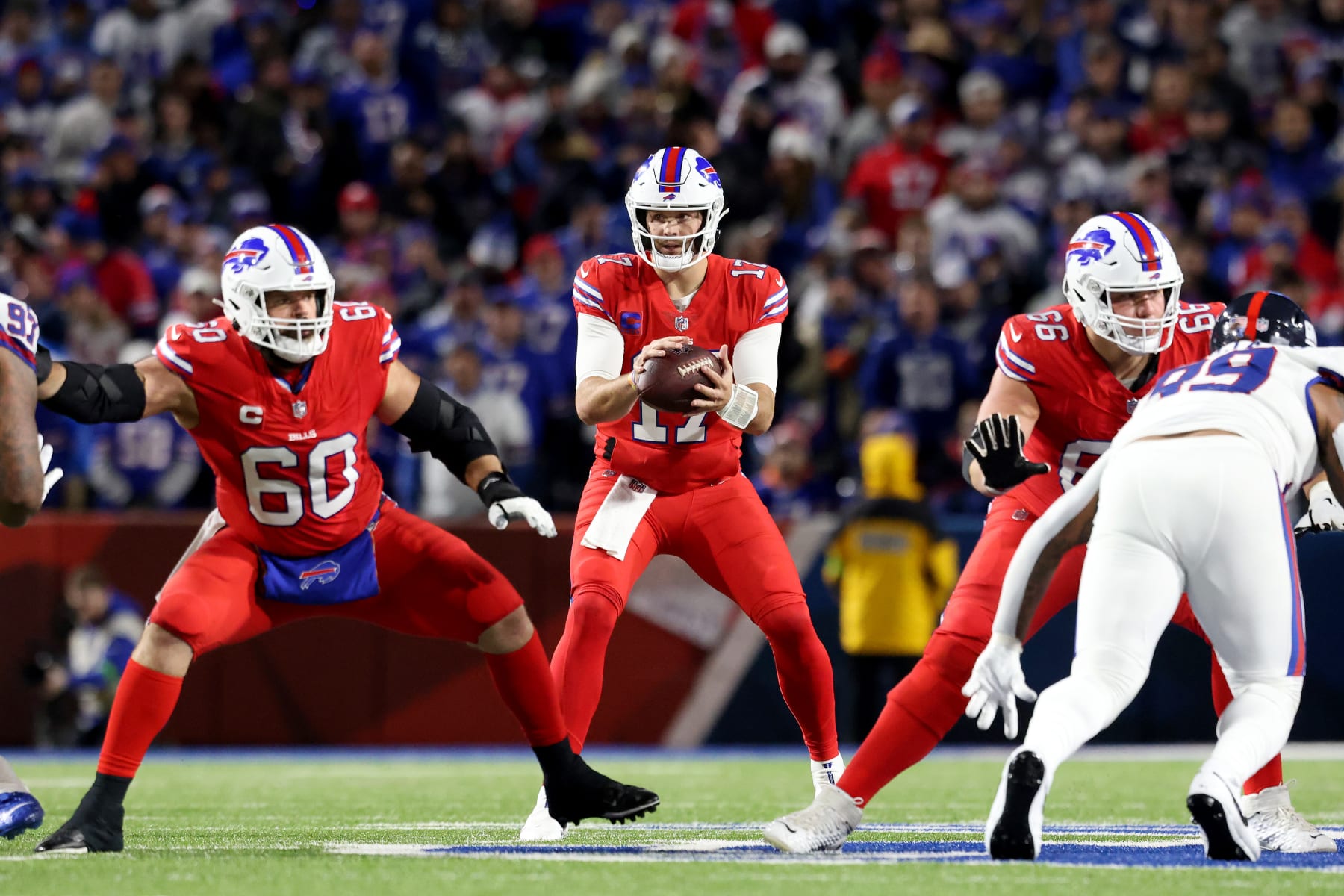 ORCHARD PARK, NEW YORK - OCTOBER 15: Josh Allen #17 of the Buffalo Bills looks to pass during the second quarter against the New York Giants at Highmark Stadium on October 15, 2023 in Orchard Park, New York. (Photo by Bryan Bennett/Getty Images)