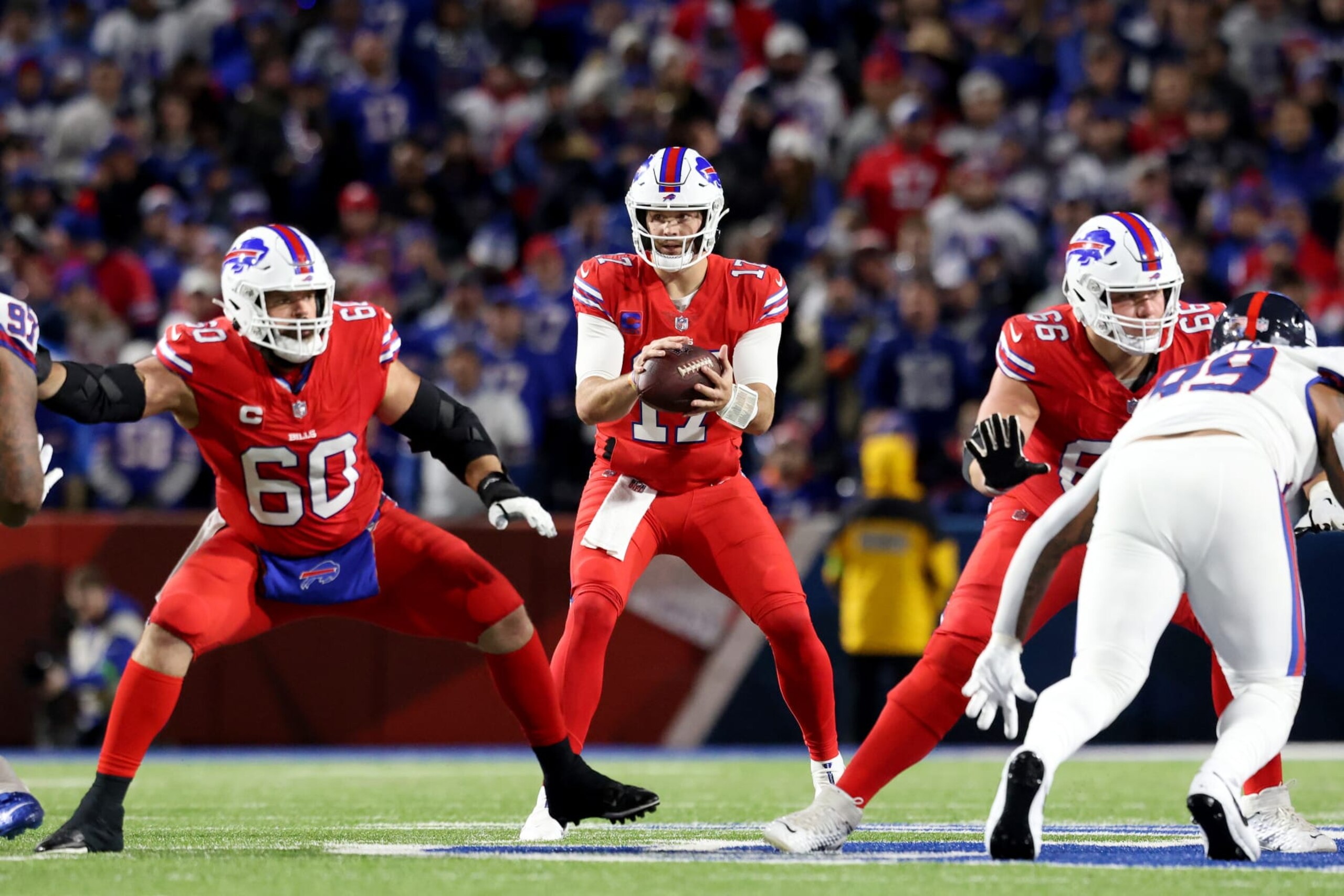 ORCHARD PARK, NEW YORK - OCTOBER 15: Josh Allen #17 of the Buffalo Bills looks to pass during the second quarter against the New York Giants at Highmark Stadium on October 15, 2023 in Orchard Park, New York. (Photo by Bryan Bennett/Getty Images)