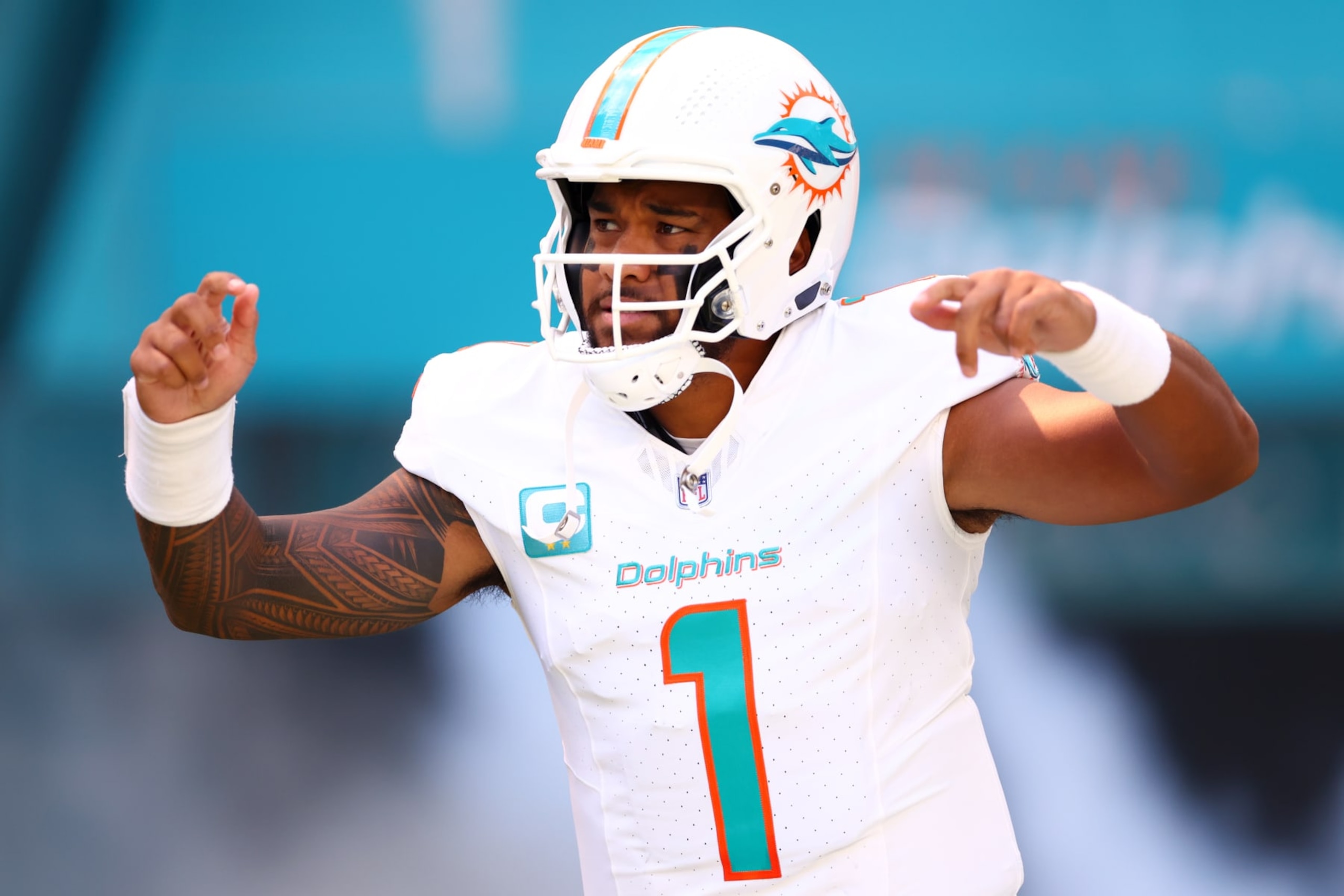 MIAMI GARDENS, FLORIDA - OCTOBER 15: Tua Tagovailoa #1 of the Miami Dolphins takes the field prior to a game against the Carolina Panthers at Hard Rock Stadium on October 15, 2023 in Miami Gardens, Florida. (Photo by Megan Briggs/Getty Images)