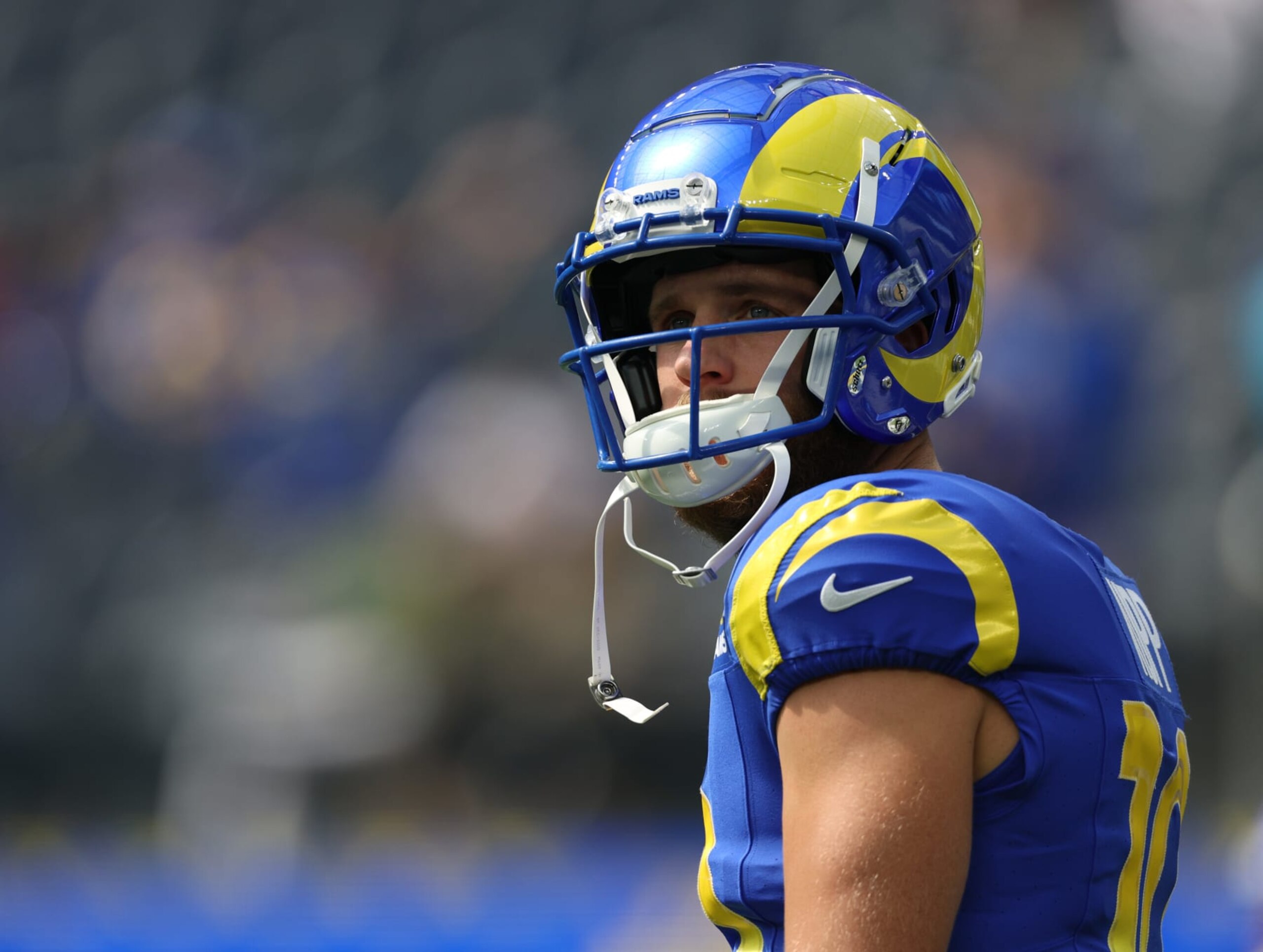 INGLEWOOD, CALIFORNIA - OCTOBER 15: Cooper Kupp #10 of the Los Angeles Rams during warm up before the game against the Arizona Cardinals at SoFi Stadium on October 15, 2023 in Inglewood, California. (Photo by Harry How/Getty Images)