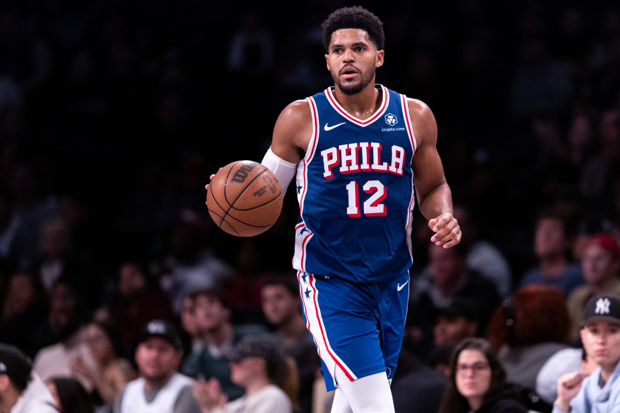 NEW YORK, NEW YORK - OCTOBER 16: Tobias Harris #12 of the Philadelphia 76ers brings the ball up the court during the third quarter of the preseason game at Barclays Center on October 16, 2023 in New York City. NOTE TO USER: User expressly acknowledges and agrees that, by downloading and or using this photograph, User is consenting to the terms and conditions of the Getty Images License Agreement. (Photo by Dustin Satloff/Getty Images) NEW YORK, NEW YORK - OCTOBER 16: Tobias Harris #12 of the Philadelphia 76ers brings the ball up the court during the third quarter of the preseason game at Barclays Center on October 16, 2023 in New York City. NOTE TO USER: User expressly acknowledges and agrees that, by downloading and or using this photograph, User is consenting to the terms and conditions of the Getty Images License Agreement. (Photo by Dustin Satloff/Getty Images)