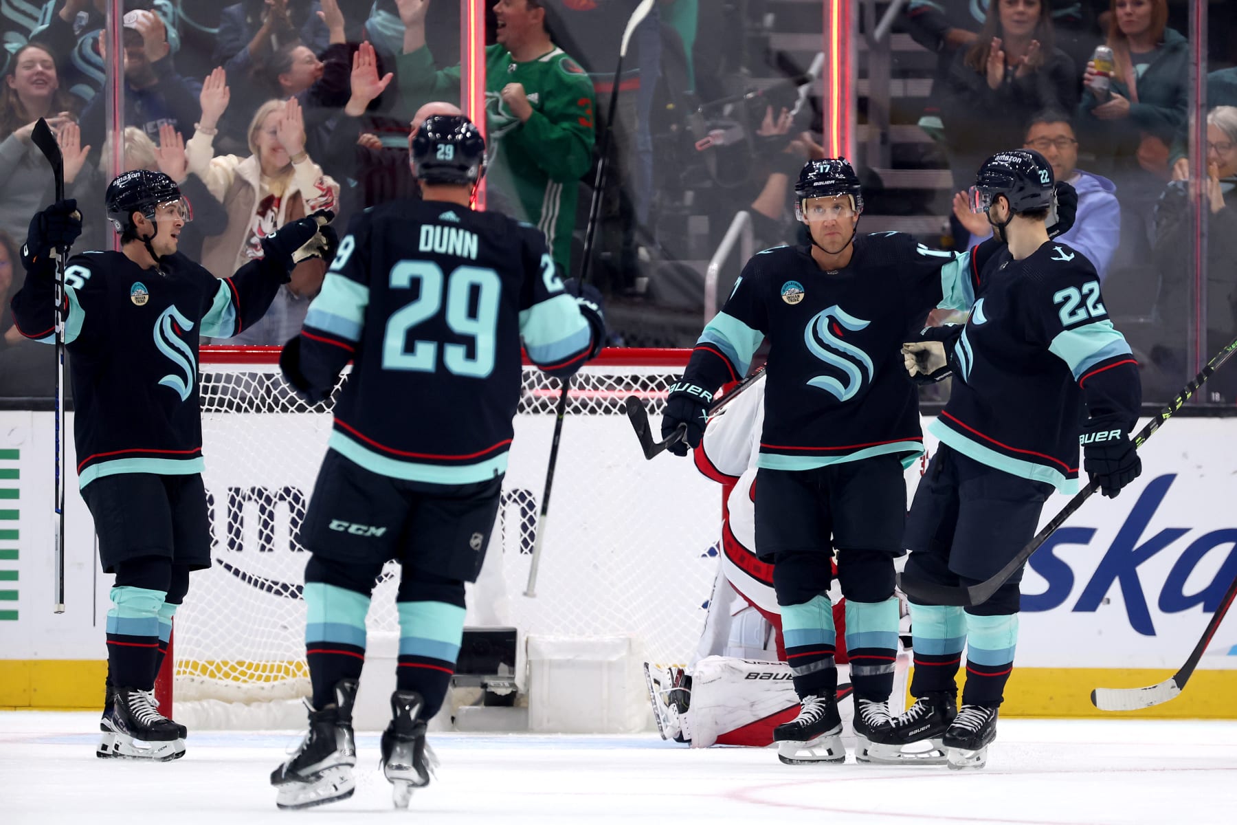 SEATTLE, WASHINGTON - OCTOBER 19: Jaden Schwartz #17 of the Seattle Kraken celebrates his goal against the Carolina Hurricanes during the first period at Climate Pledge Arena on October 19, 2023 in Seattle, Washington. (Photo by Steph Chambers/Getty Images)