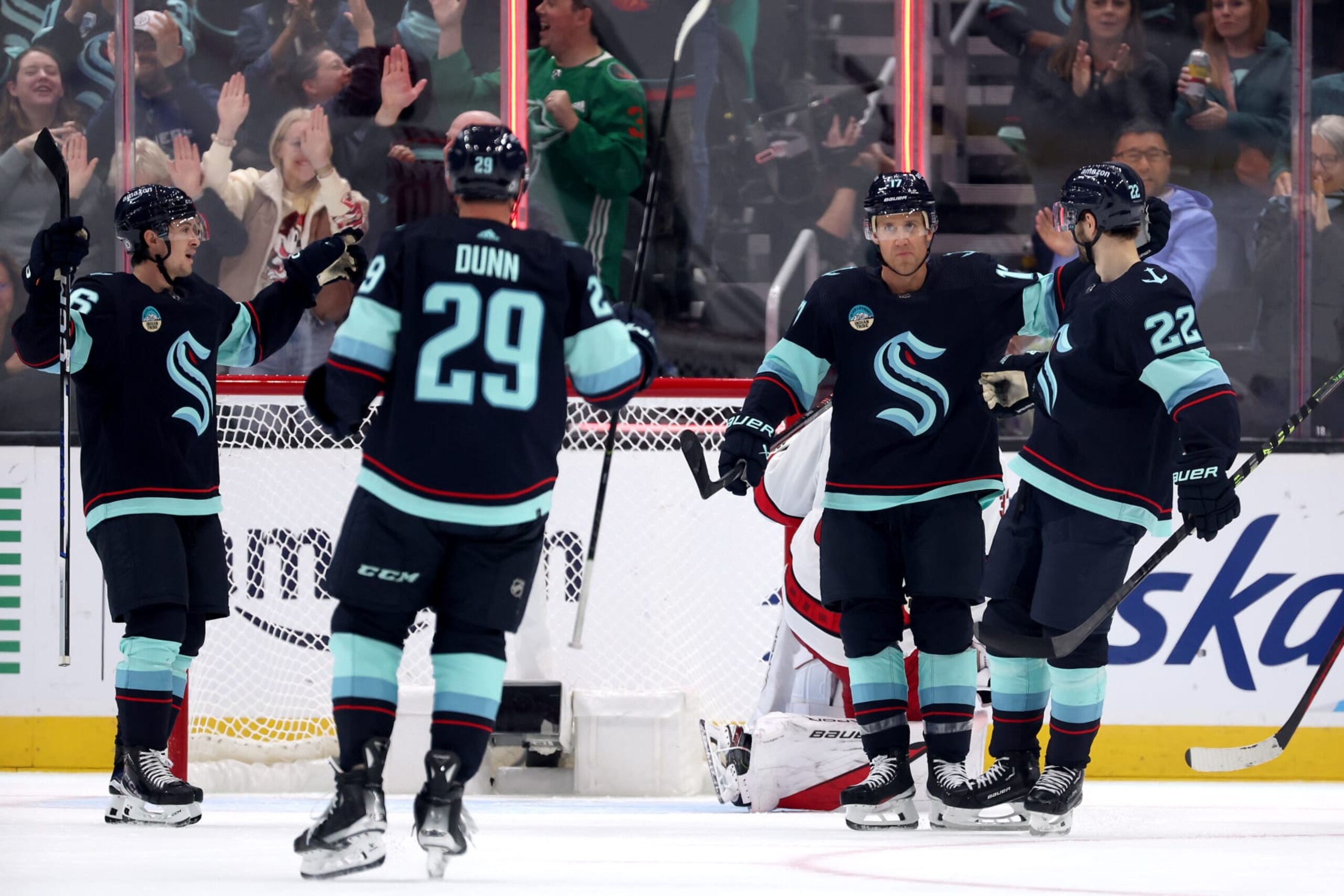 SEATTLE, WASHINGTON - OCTOBER 19: Jaden Schwartz #17 of the Seattle Kraken celebrates his goal against the Carolina Hurricanes during the first period at Climate Pledge Arena on October 19, 2023 in Seattle, Washington. (Photo by Steph Chambers/Getty Images) SEATTLE, WASHINGTON - OCTOBER 19: Jaden Schwartz #17 of the Seattle Kraken celebrates his goal against the Carolina Hurricanes during the first period at Climate Pledge Arena on October 19, 2023 in Seattle, Washington. (Photo by Steph Chambers/Getty Images)