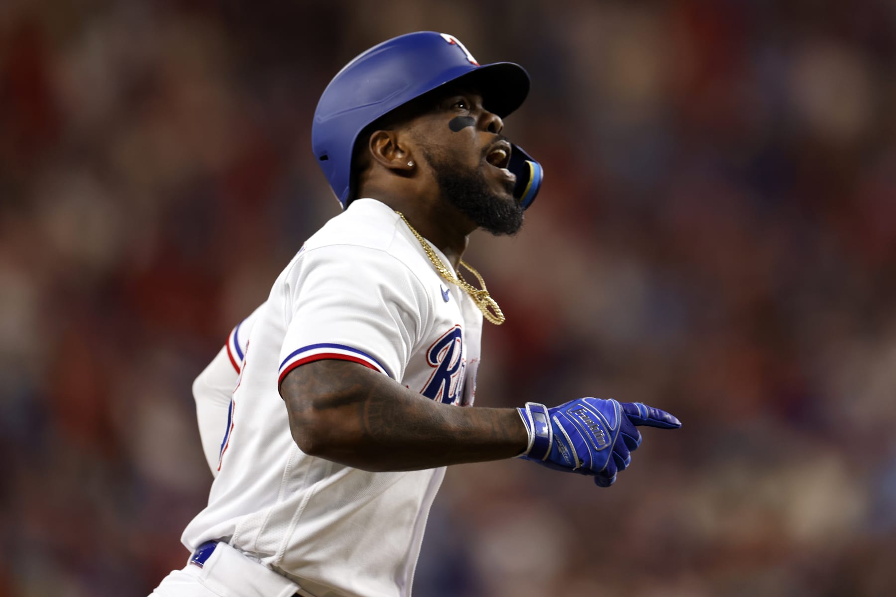 ARLINGTON, TX - OCTOBER 20: Adolis García #53 of the Texas Rangers rounds the bases after hitting a three-run home run in the sixth inning during Game 5 of the ALCS between the Houston Astros and the Texas Rangers at Globe Life Field on Friday, October 20, 2023 in Arlington, Texas. (Photo by Ron Jenkins/MLB Photos via Getty Images)