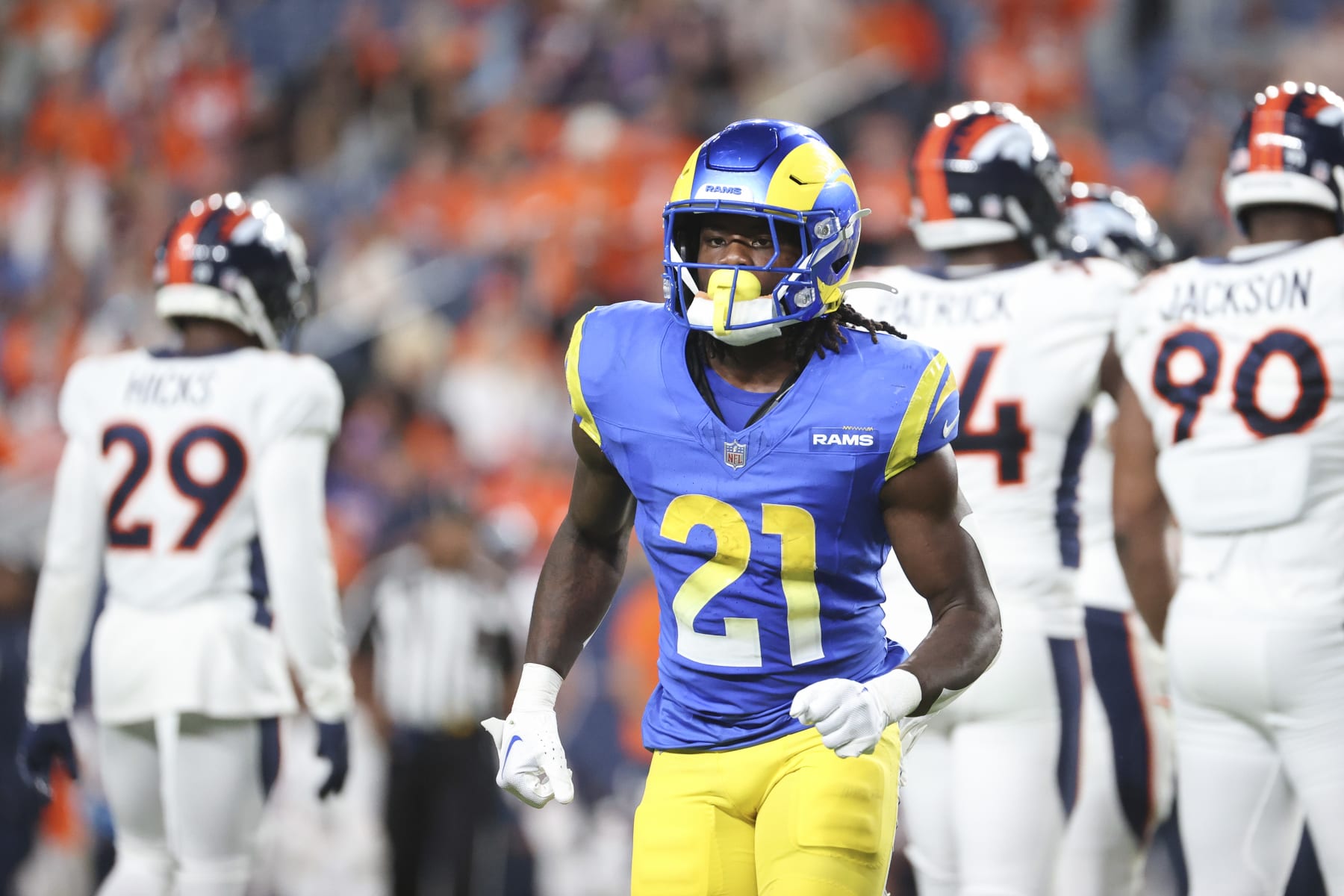 DENVER, COLORADO - AUGUST 26: Zach Evans #21 of the Los Angeles Rams looks on between plays during the preseason game against the Denver Broncos at Empower Field At Mile High on August 26, 2023 in Denver, Colorado. (Photo by Tyler Schank/Clarkson Creative/Getty Images)