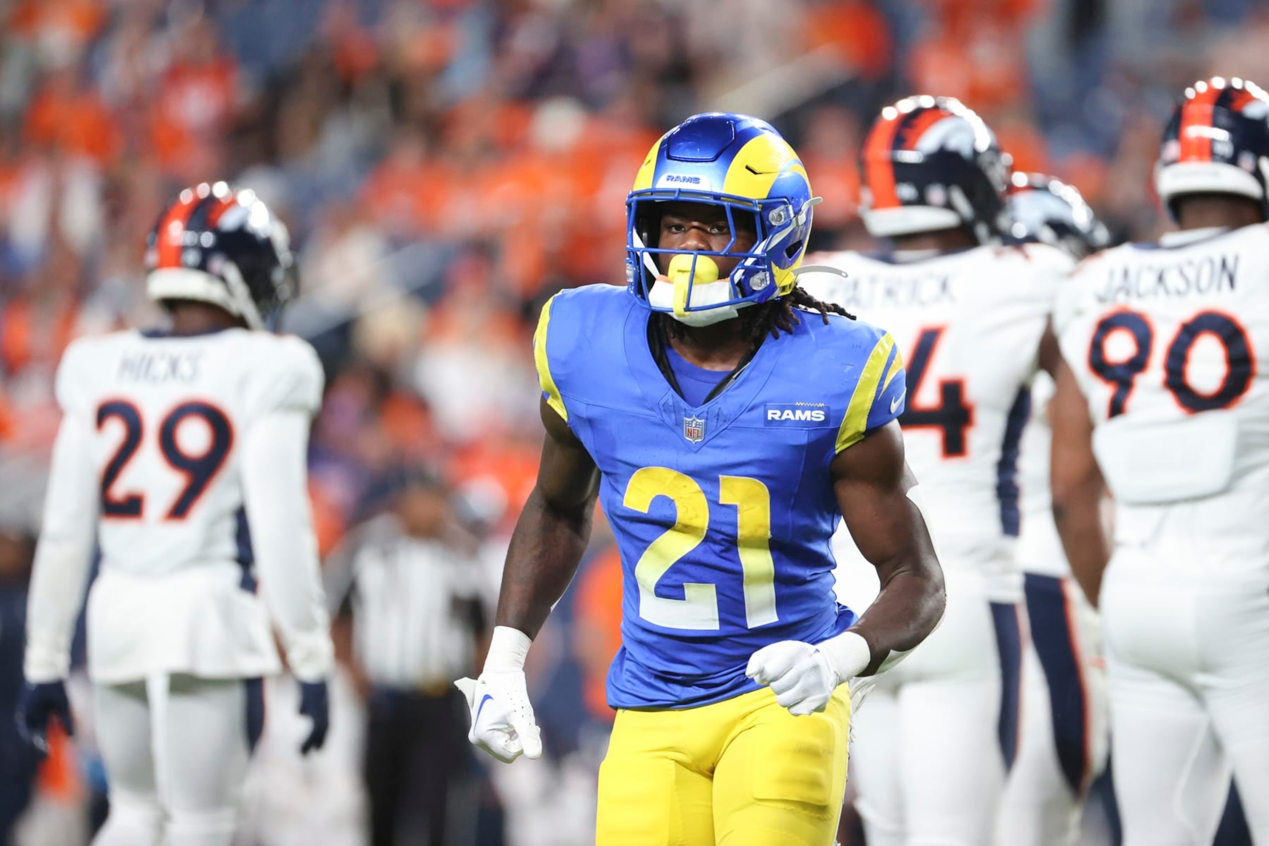 DENVER, COLORADO - AUGUST 26: Zach Evans #21 of the Los Angeles Rams looks on between plays during the preseason game against the Denver Broncos at Empower Field At Mile High on August 26, 2023 in Denver, Colorado. (Photo by Tyler Schank/Clarkson Creative/Getty Images)