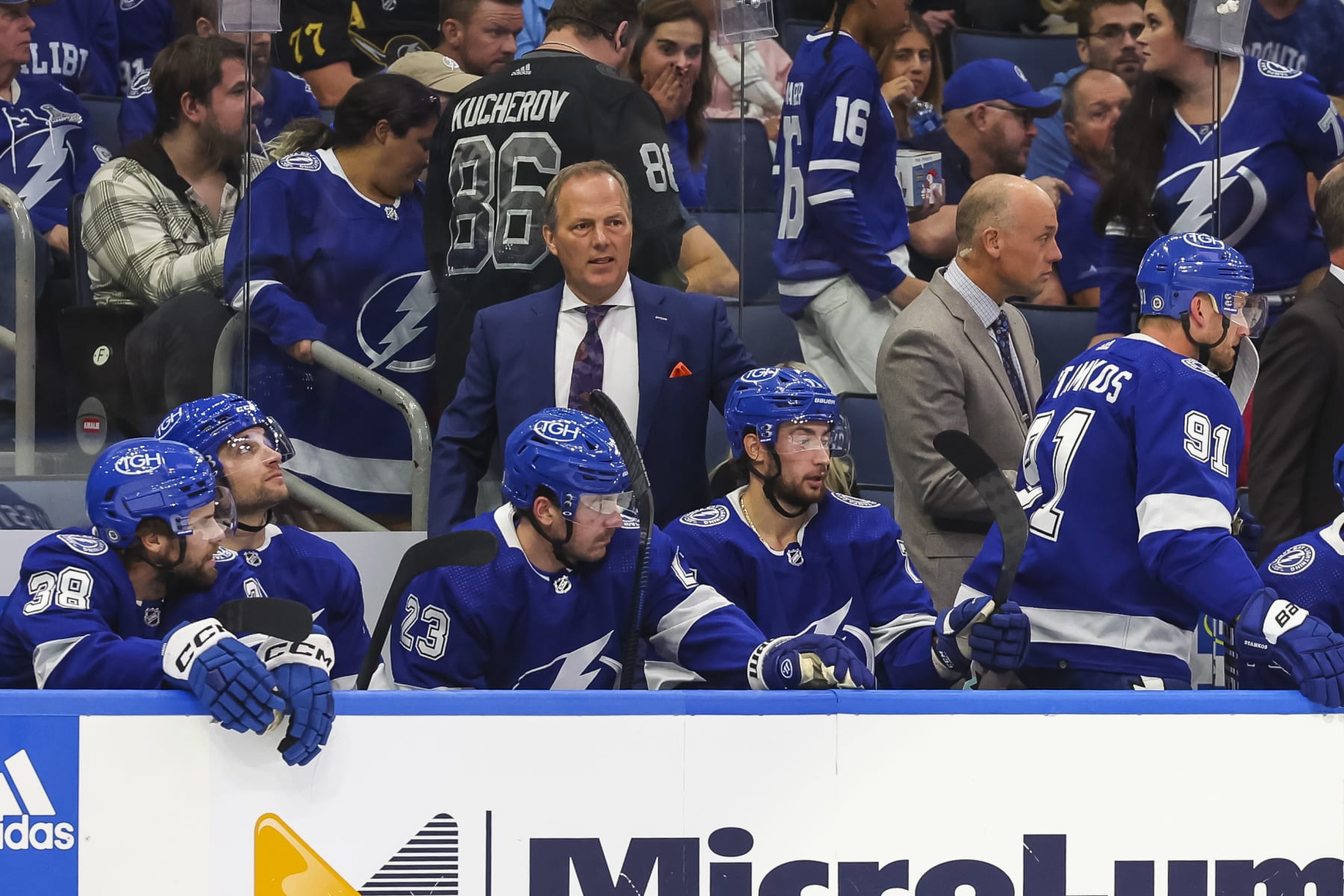 TAMPA, FL - OCTOBER 21: Head Coach Jon Cooper of the Tampa Bay Lightning against the Toronto Maple Leafs during the second period at Amalie Arena on October 21, 2023 in Tampa, Florida. (Photo by Mark LoMoglio/NHLI via Getty Images)