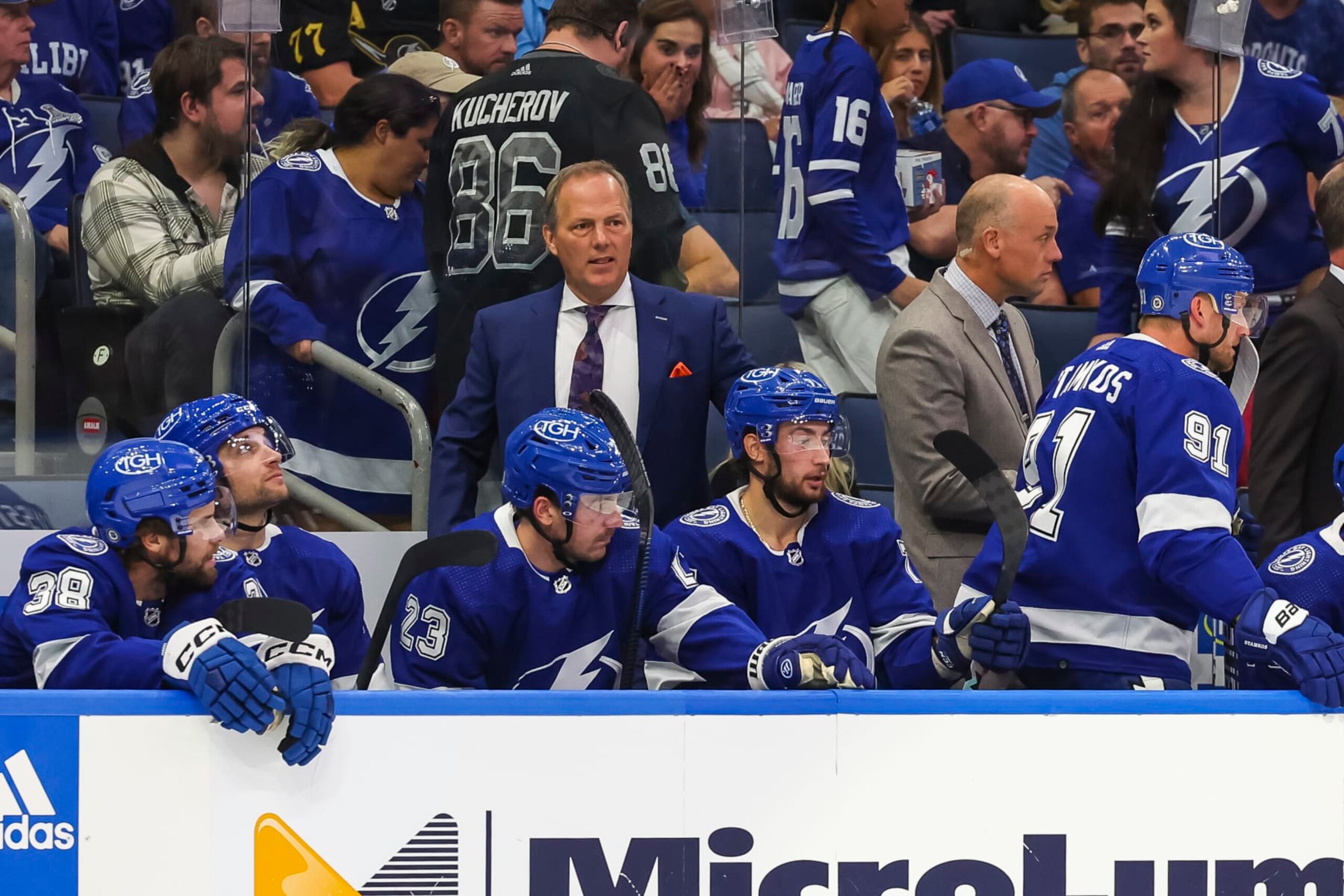 TAMPA, FL - OCTOBER 21: Head Coach Jon Cooper of the Tampa Bay Lightning against the Toronto Maple Leafs during the second period at Amalie Arena on October 21, 2023 in Tampa, Florida. (Photo by Mark LoMoglio/NHLI via Getty Images) TAMPA, FL - OCTOBER 21: Head Coach Jon Cooper of the Tampa Bay Lightning against the Toronto Maple Leafs during the second period at Amalie Arena on October 21, 2023 in Tampa, Florida. (Photo by Mark LoMoglio/NHLI via Getty Images)