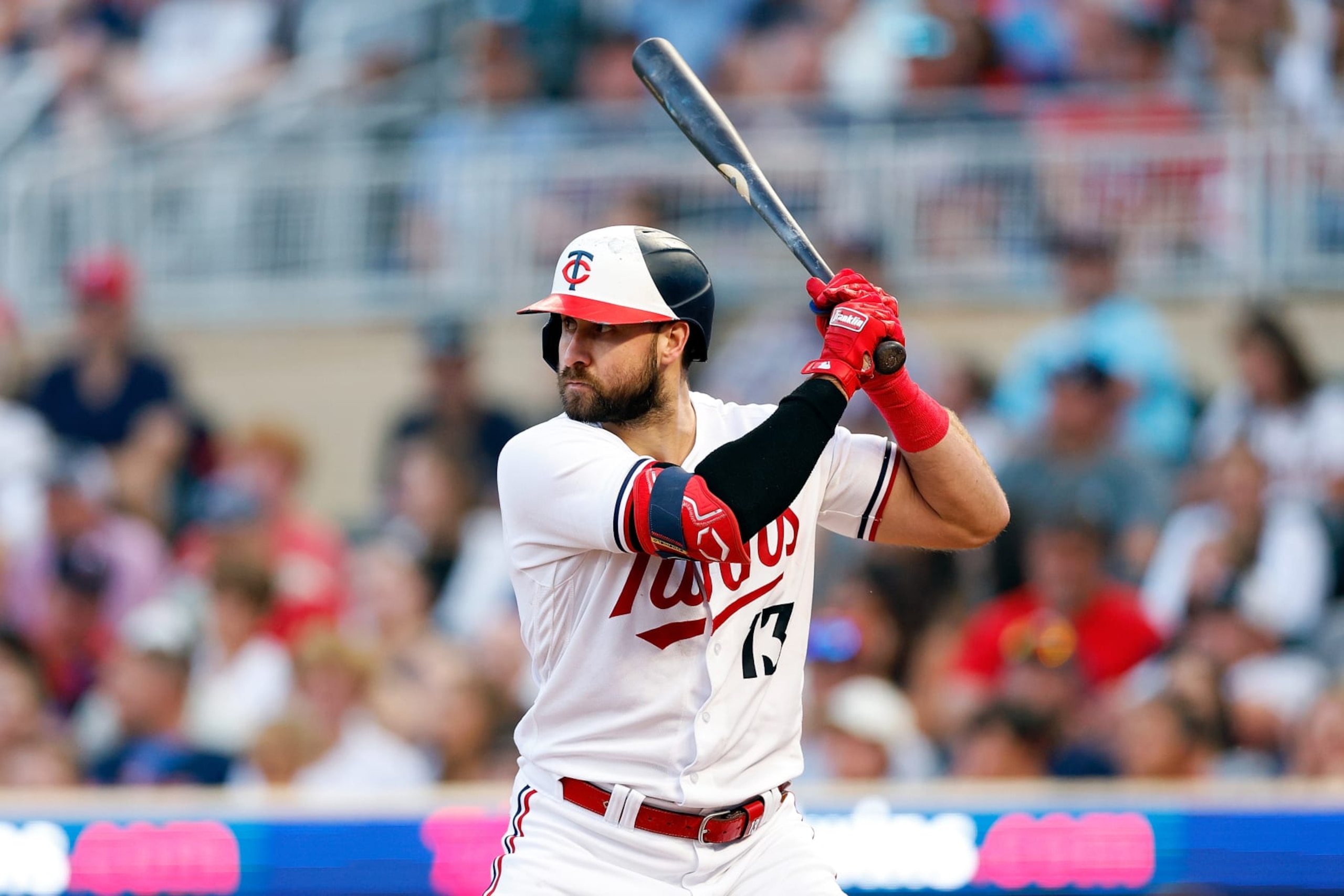 MINNEAPOLIS, MINNESOTA - AUGUST 25: Joey Gallo #13 of the Minnesota Twins takes an at-bat against the Texas Rangers in the first inning at Target Field on August 25, 2023 in Minneapolis, Minnesota. The Twins defeated the Rangers 12-2. (Photo by David Berding/Getty Images)