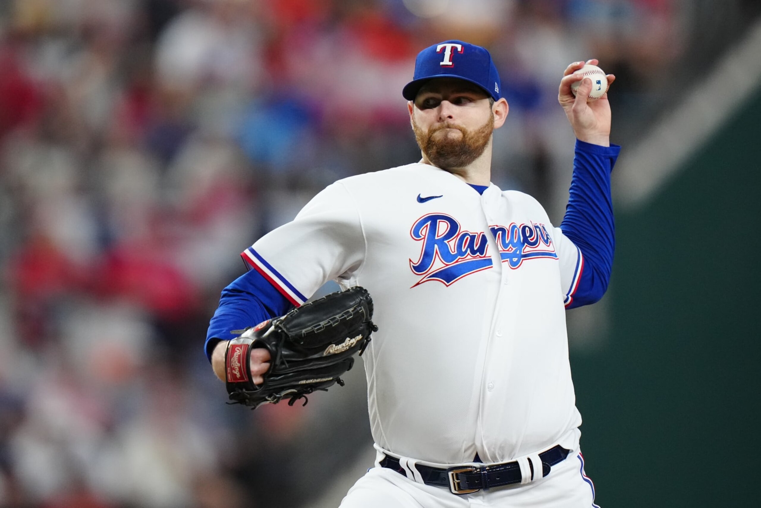 ARLINGTON, TX - OCTOBER 20:   Jordan Montgomery #52 of the Texas Rangers pitches during Game 5 of the ALCS between the Houston Astros and the Texas Rangers at Globe Life Field on Friday, October 20, 2023 in Arlington, Texas. (Photo by Daniel Shirey/MLB Photos via Getty Images)