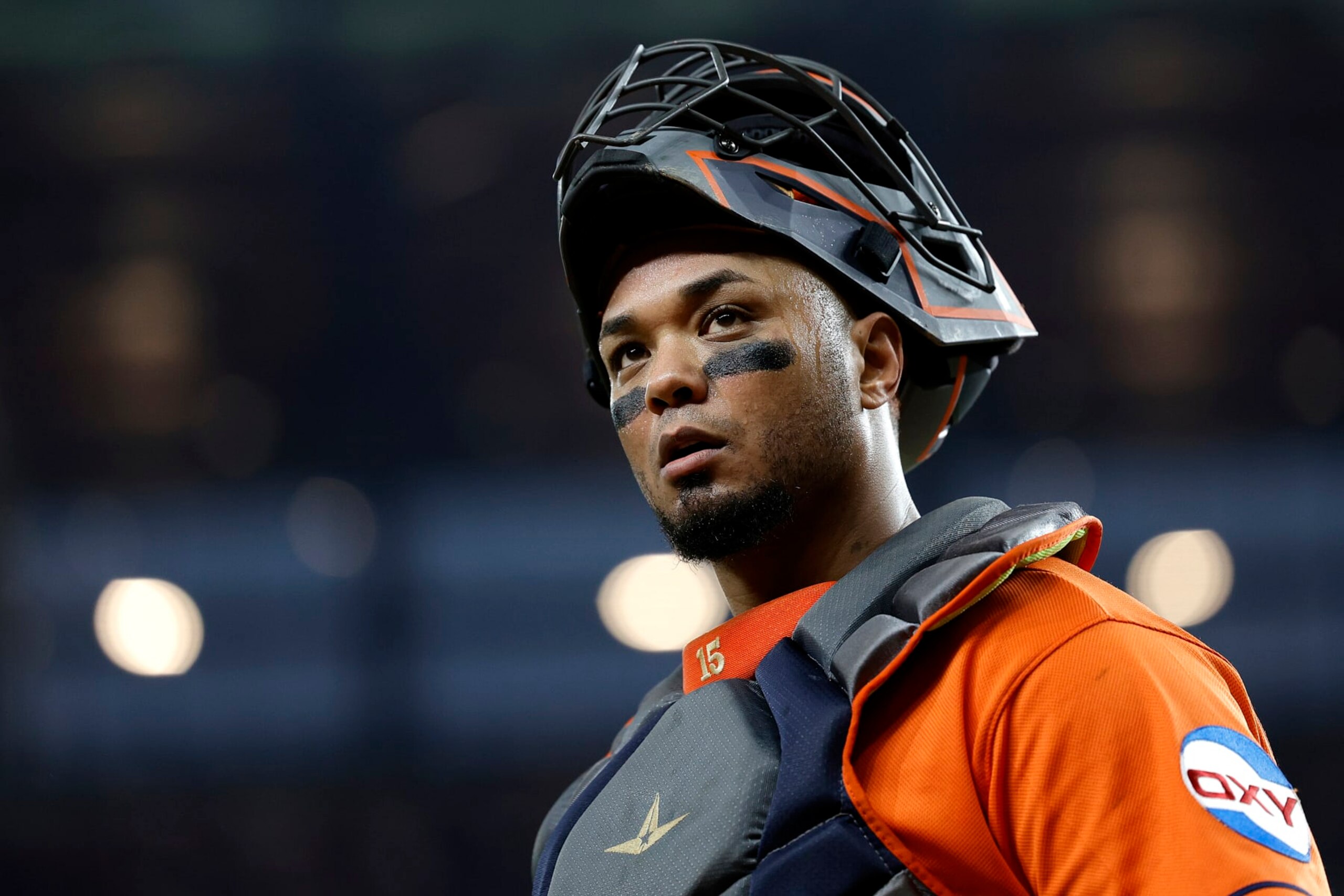 ARLINGTON, TEXAS - OCTOBER 20: Martin Maldonado #15 of the Houston Astros reacts against the Texas Rangers during the eighth inning in Game Five of the American League Championship Series at Globe Life Field on October 20, 2023 in Arlington, Texas. (Photo by Carmen Mandato/Getty Images)