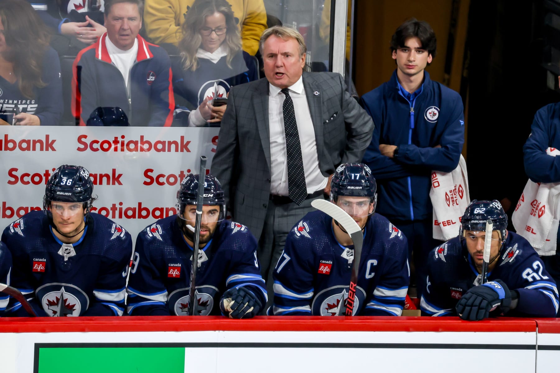 WINNIPEG, CANADA - OCTOBER 19: Head Coach Rick Bowness of the Winnipeg Jets looks on from the bench during third period action against the Vegas Golden Knights at the Canada Life Centre on October 19, 2023 in Winnipeg, Manitoba, Canada. (Photo by Jonathan Kozub/NHLI via Getty Images)