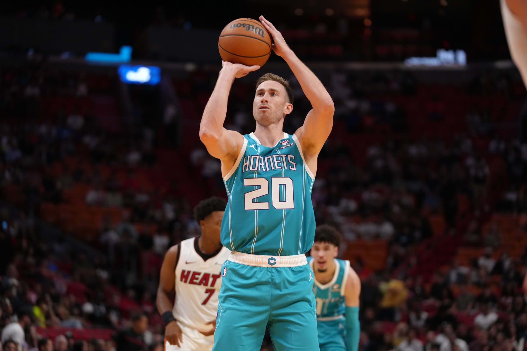 MIAMI, FL - OCTOBER 10: Gordon Hayward #20 of the Charlotte Hornets shoots a free throw during the game against the Miami Heat on October 10, 2023 at Kaseya Center in Miami, Florida. NOTE TO USER: User expressly acknowledges and agrees that, by downloading and or using this Photograph, user is consenting to the terms and conditions of the Getty Images License Agreement. Mandatory Copyright Notice: Copyright 2023 NBAE (Photo by Eric Espada/NBAE via Getty Images)