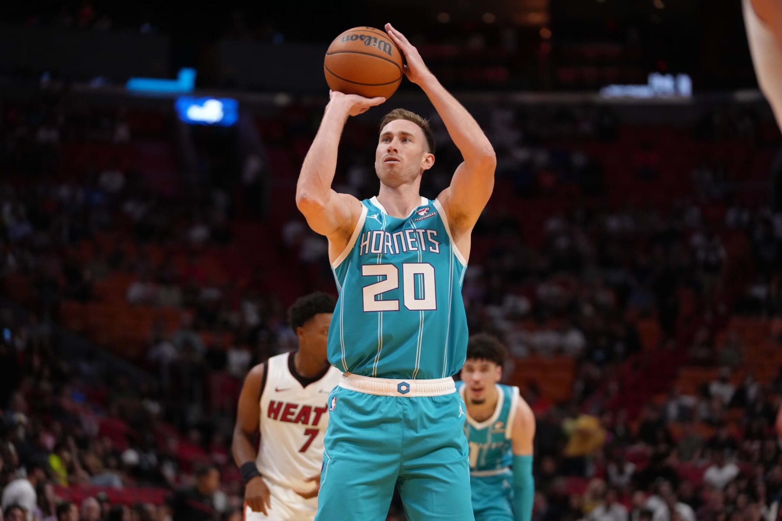 MIAMI, FL - OCTOBER 10: Gordon Hayward #20 of the Charlotte Hornets shoots a free throw during the game against the Miami Heat on October 10, 2023 at Kaseya Center in Miami, Florida. NOTE TO USER: User expressly acknowledges and agrees that, by downloading and or using this Photograph, user is consenting to the terms and conditions of the Getty Images License Agreement. Mandatory Copyright Notice: Copyright 2023 NBAE (Photo by Eric Espada/NBAE via Getty Images) MIAMI, FL - OCTOBER 10: Gordon Hayward #20 of the Charlotte Hornets shoots a free throw during the game against the Miami Heat on October 10, 2023 at Kaseya Center in Miami, Florida. NOTE TO USER: User expressly acknowledges and agrees that, by downloading and or using this Photograph, user is consenting to the terms and conditions of the Getty Images License Agreement. Mandatory Copyright Notice: Copyright 2023 NBAE (Photo by Eric Espada/NBAE via Getty Images)