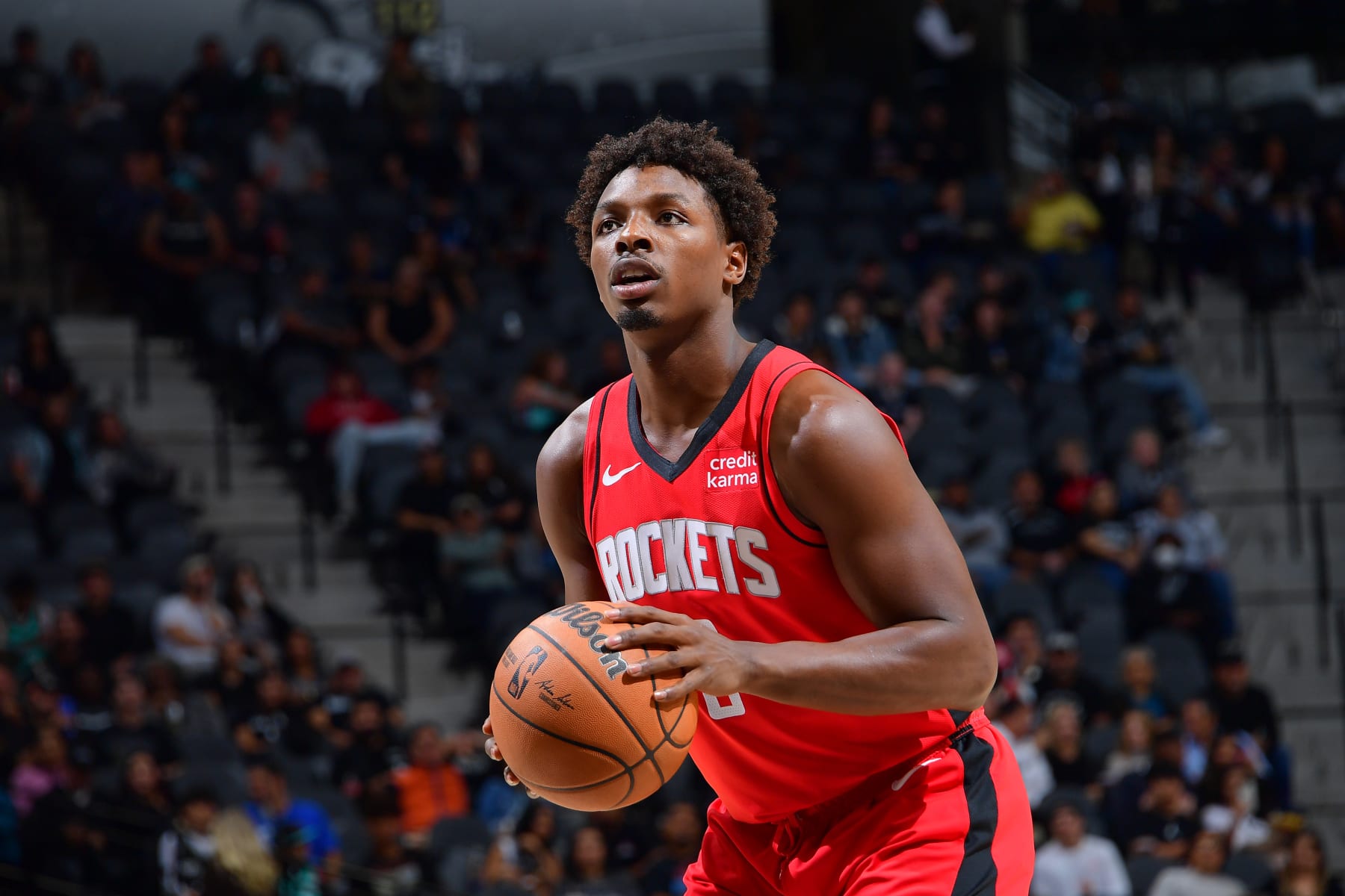 SAN ANTONIO, TX - OCTOBER 16: Jae'Sean Tate #8 of the Houston Rockets shoots a free throw during the game against the San Antonio Spurs on October 16, 2023 at the Frost Bank Center in San Antonio, Texas. NOTE TO USER: User expressly acknowledges and agrees that, by downloading and or using this photograph, user is consenting to the terms and conditions of the Getty Images License Agreement. Mandatory Copyright Notice: Copyright 2023 NBAE (Photos by Michael Gonzales/NBAE via Getty Images)