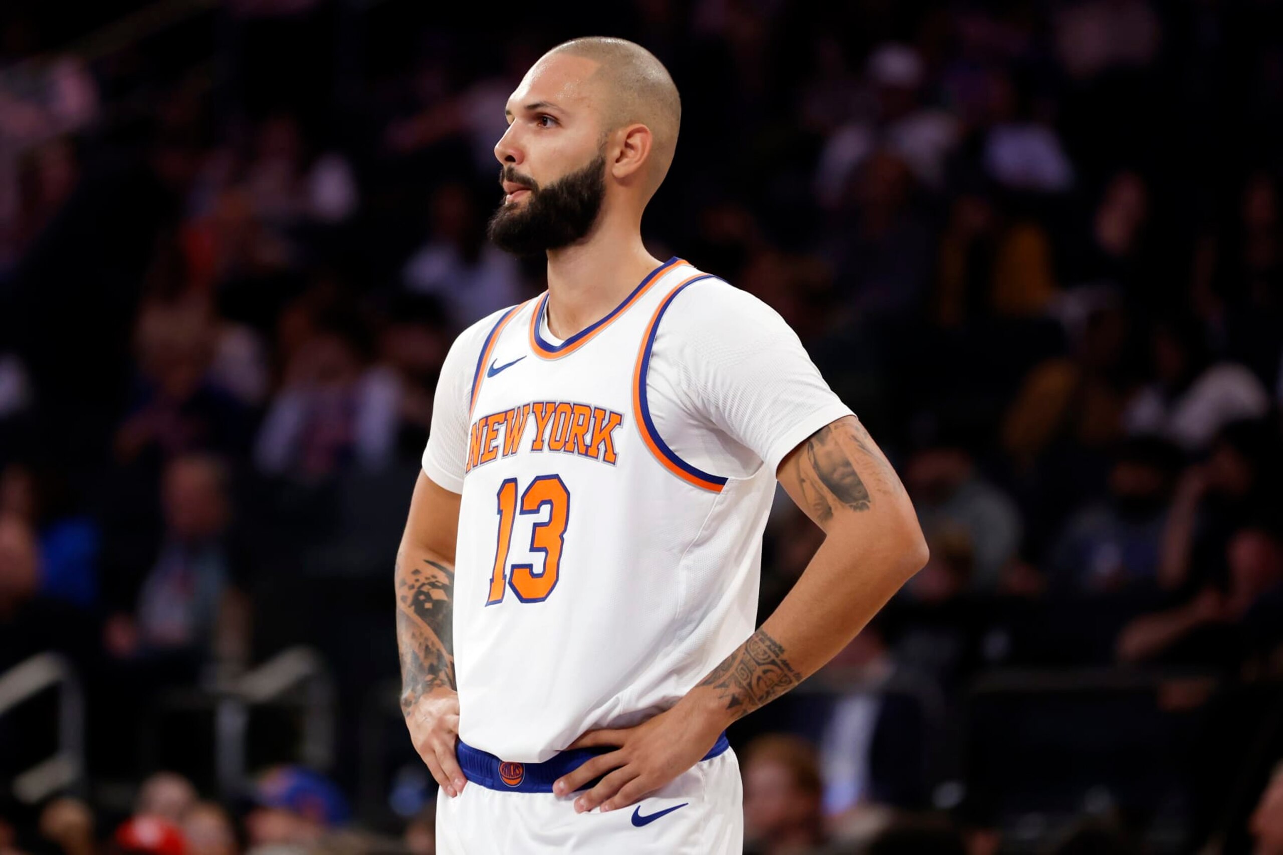 NEW YORK, NEW YORK - OCTOBER 09: Evan Fournier #13 of the New York Knicks looks on during the first half of a preseason game against the Boston Celtics at Madison Square Garden on October 09, 2023 in New York City. NOTE TO USER: User expressly acknowledges and agrees that, by downloading and or using this photograph, User is consenting to the terms and conditions of the Getty Images License Agreement. (Photo by Sarah Stier/Getty Images) NEW YORK, NEW YORK - OCTOBER 09: Evan Fournier #13 of the New York Knicks looks on during the first half of a preseason game against the Boston Celtics at Madison Square Garden on October 09, 2023 in New York City. NOTE TO USER: User expressly acknowledges and agrees that, by downloading and or using this photograph, User is consenting to the terms and conditions of the Getty Images License Agreement. (Photo by Sarah Stier/Getty Images)