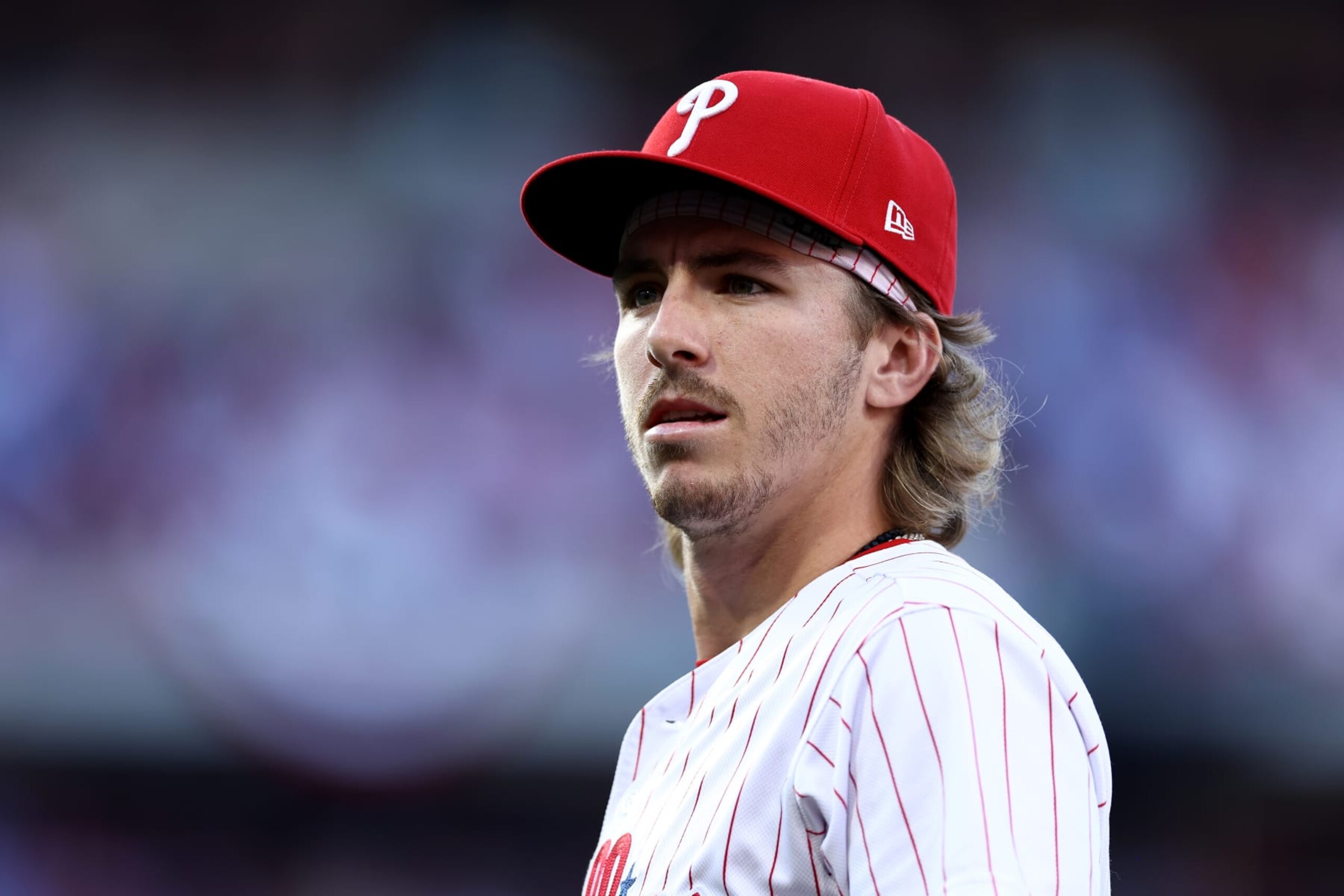 PHILADELPHIA, PENNSYLVANIA - OCTOBER 11: Bryson Stott #5 of the Philadelphia Phillies looks on against the Atlanta Braves prior to Game Three of the Division Series at Citizens Bank Park on October 11, 2023 in Philadelphia, Pennsylvania. (Photo by Tim Nwachukwu/Getty Images)