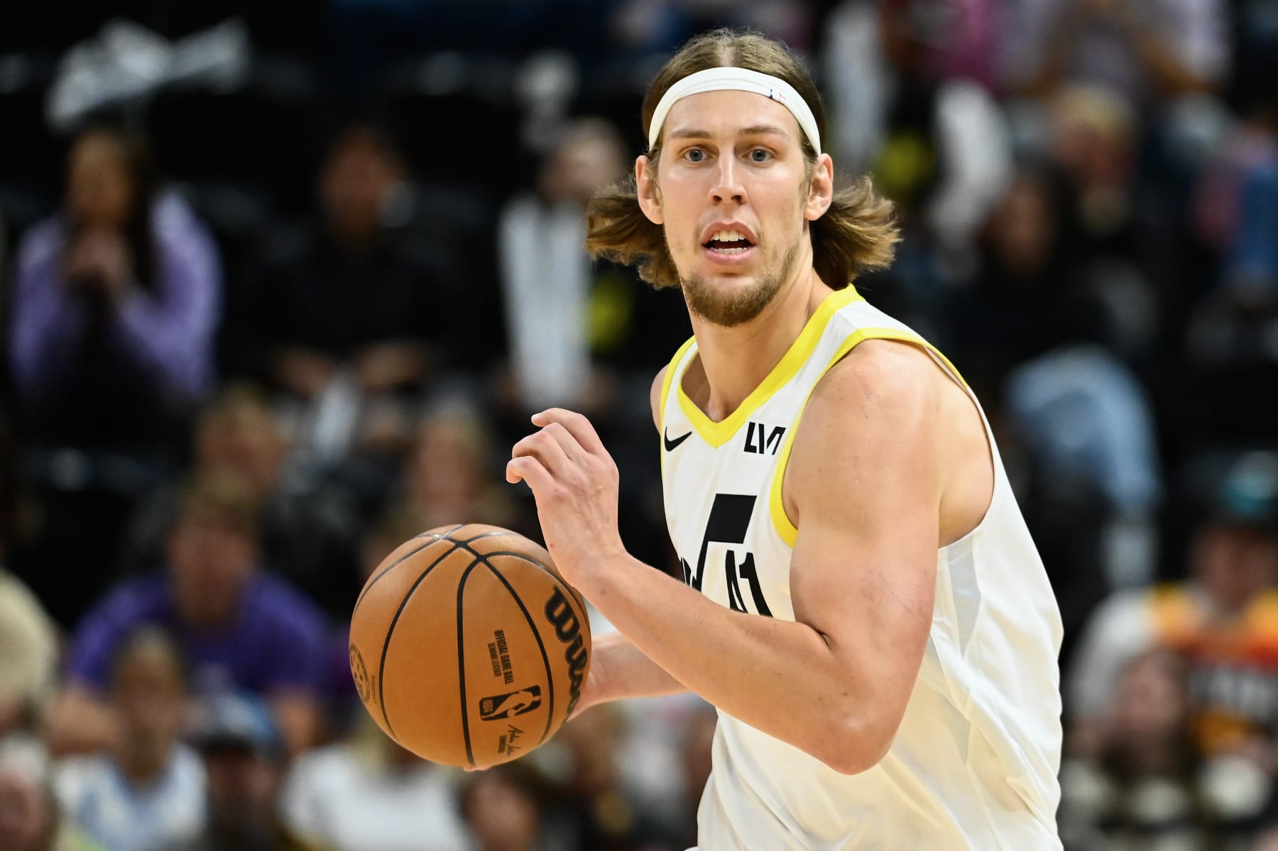 SALT LAKE CITY, UTAH - OCTOBER 14: Kelly Olynyk #41 of the Utah Jazz in action during the first half of a preseason NBA game against the Portland Trail Blazers at Delta Center on October 14, 2023 in Salt Lake City, Utah. NOTE TO USER: User expressly acknowledges and agrees that, by downloading and or using this photograph, User is consenting to the terms and conditions of the Getty Images License Agreement. (Photo by Alex Goodlett/Getty Images)