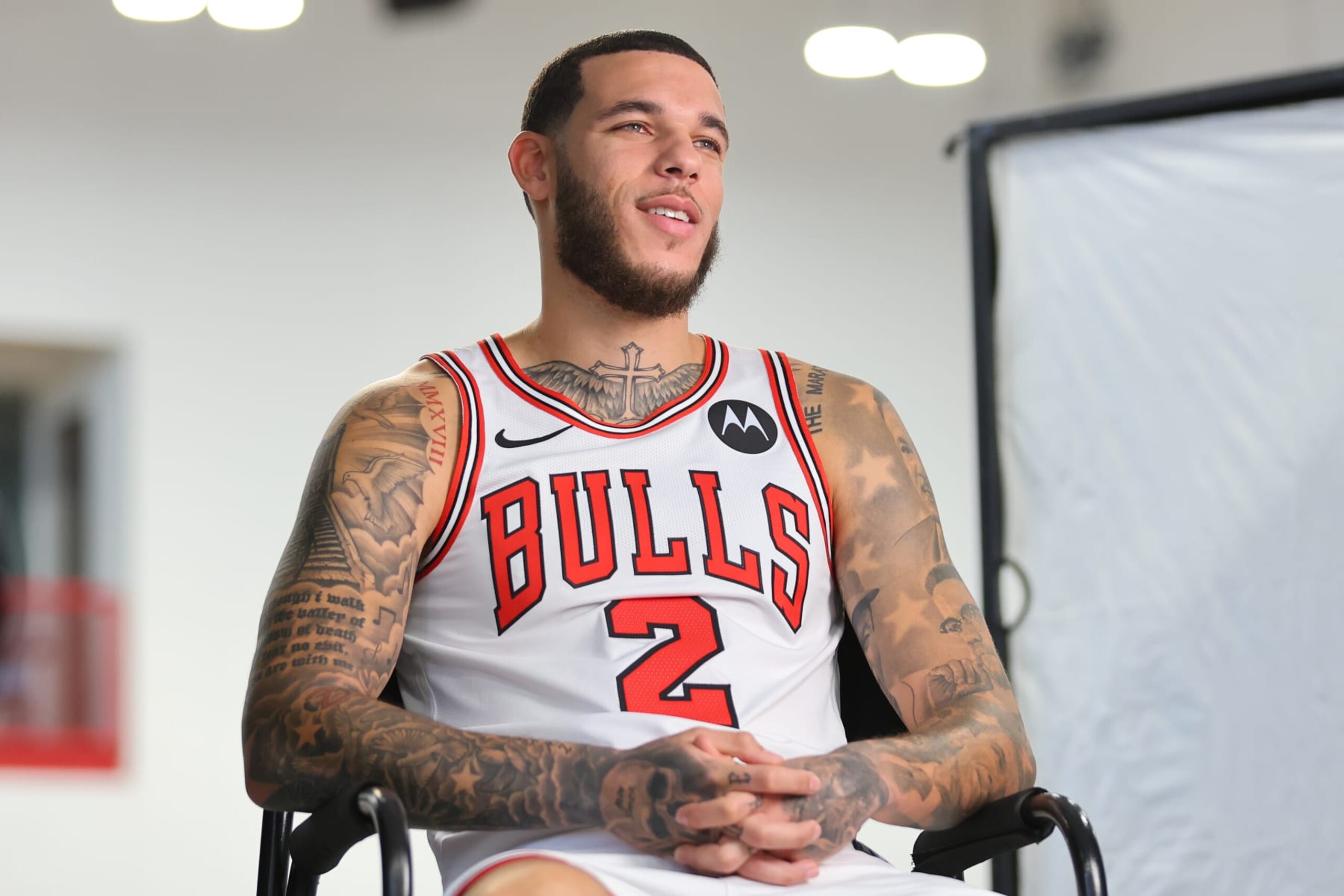 CHICAGO, ILLINOIS - OCTOBER 02: Lonzo Ball #2 of the Chicago Bulls takes part in a interview during Media Day at Advocate Center on October 02, 2023 in Chicago, Illinois. (Photo by Michael Reaves/Getty Images) CHICAGO, ILLINOIS - OCTOBER 02: Lonzo Ball #2 of the Chicago Bulls takes part in a interview during Media Day at Advocate Center on October 02, 2023 in Chicago, Illinois. (Photo by Michael Reaves/Getty Images)