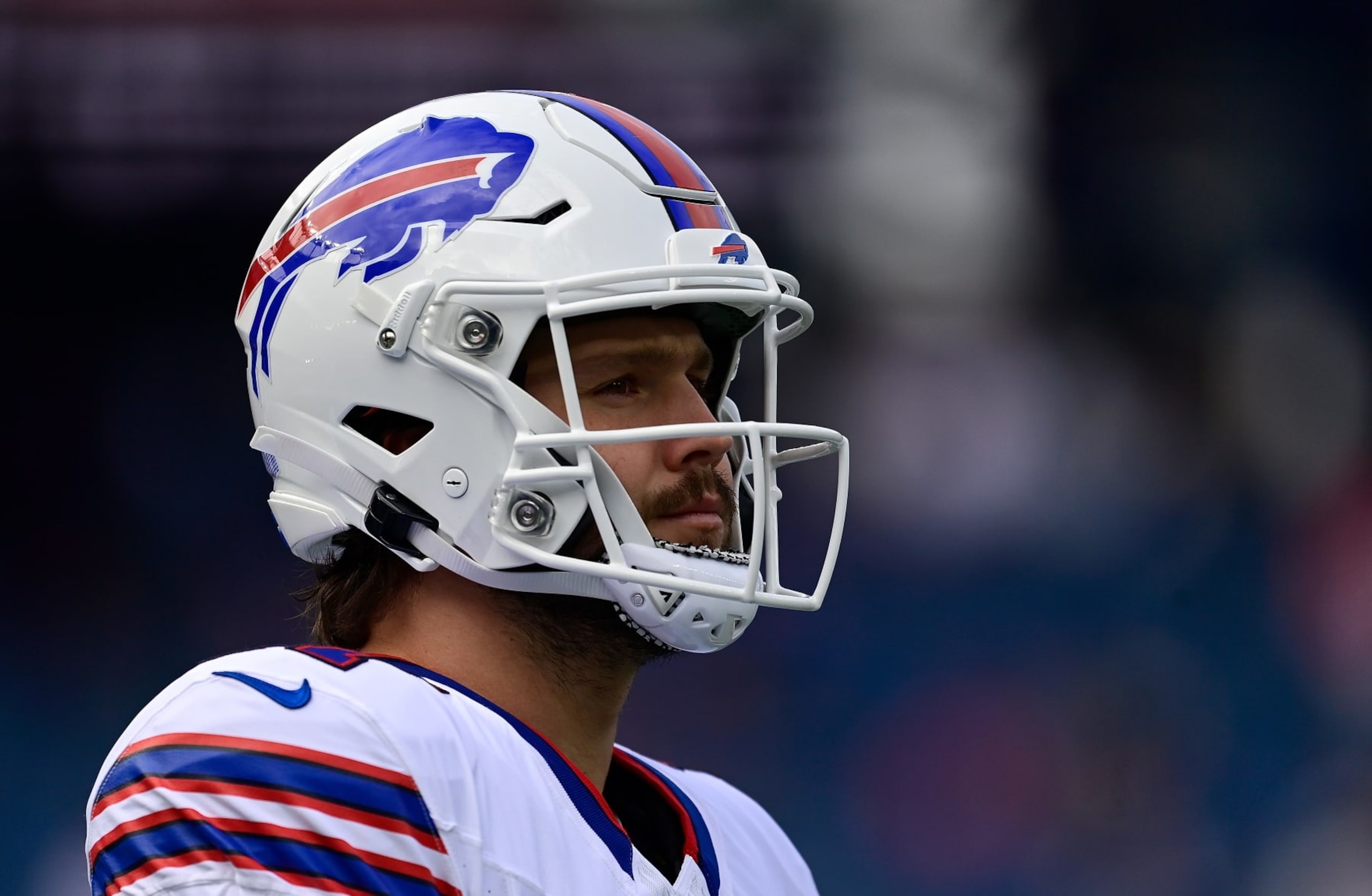FOXBOROUGH, MASSACHUSETTS - OCTOBER 22: Josh Allen #17 of the Buffalo Bills looks on before the game against the New England Patriots at Gillette Stadium on October 22, 2023 in Foxborough, Massachusetts.  (Photo by Billie Weiss/Getty Images)