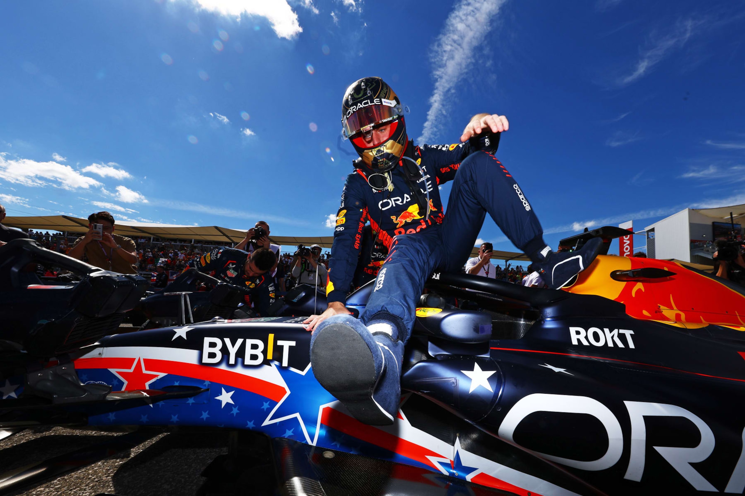 AUSTIN, TEXAS - OCTOBER 22: Max Verstappen of the Netherlands and Oracle Red Bull Racing prepares to drive on the grid prior to the F1 Grand Prix of United States at Circuit of The Americas on October 22, 2023 in Austin, Texas. (Photo by Mark Thompson/Getty Images)