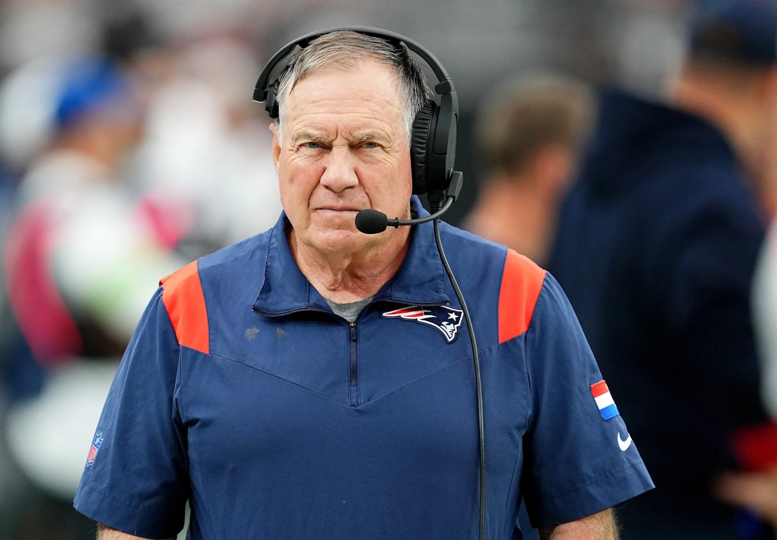 LAS VEGAS, NEVADA - OCTOBER 15: Head coach Bill Belichick of the New England Patriots looks on during the first quarter against the Las Vegas Raiders at Allegiant Stadium on October 15, 2023 in Las Vegas, Nevada. (Photo by Chris Unger/Getty Images)