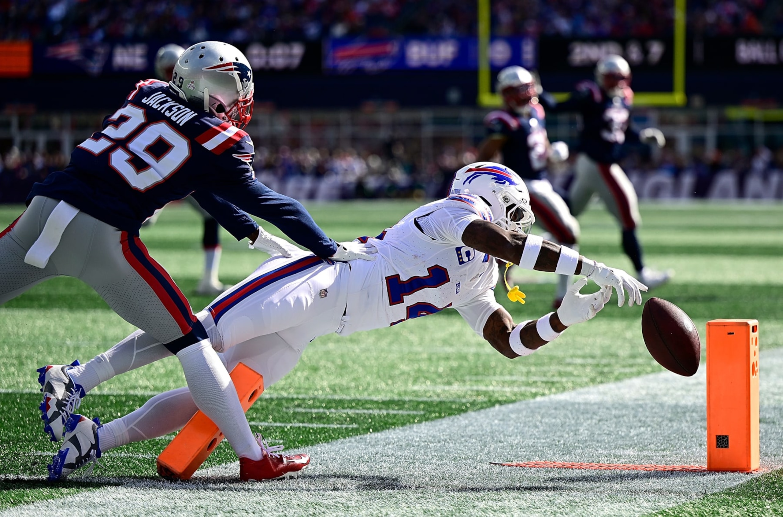 Bills WR Stefon Diggs fails to haul in a pass against New England Bills WR Stefon Diggs fails to haul in a pass against New England