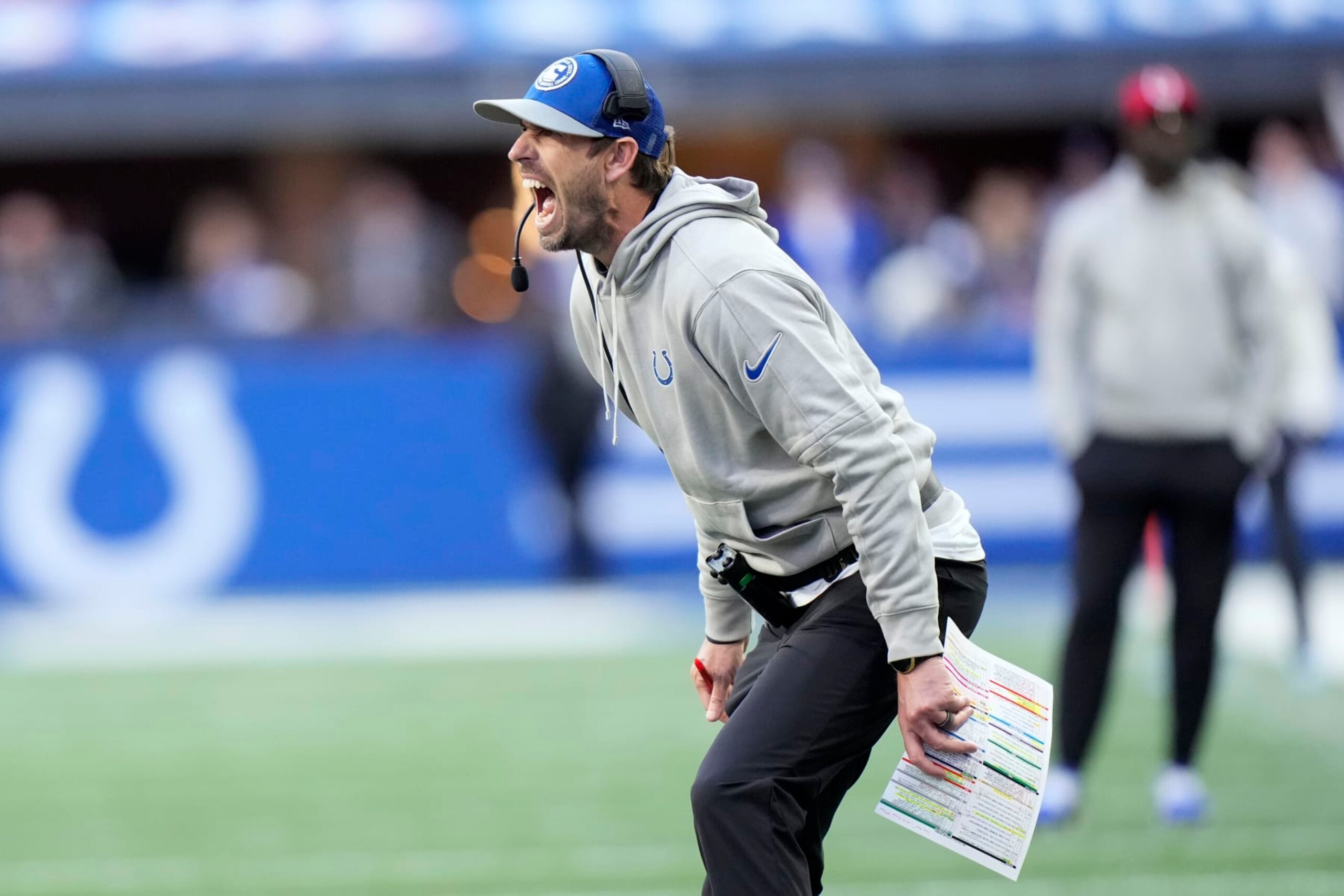 Indianapolis Colts head coach Shane Steichen questions a call during the second half of an NFL football game against the Cleveland Browns, Sunday, Oct. 22, 2023, in Indianapolis. (AP Photo/AJ Mast) Indianapolis Colts head coach Shane Steichen questions a call during the second half of an NFL football game against the Cleveland Browns, Sunday, Oct. 22, 2023, in Indianapolis. (AP Photo/AJ Mast)