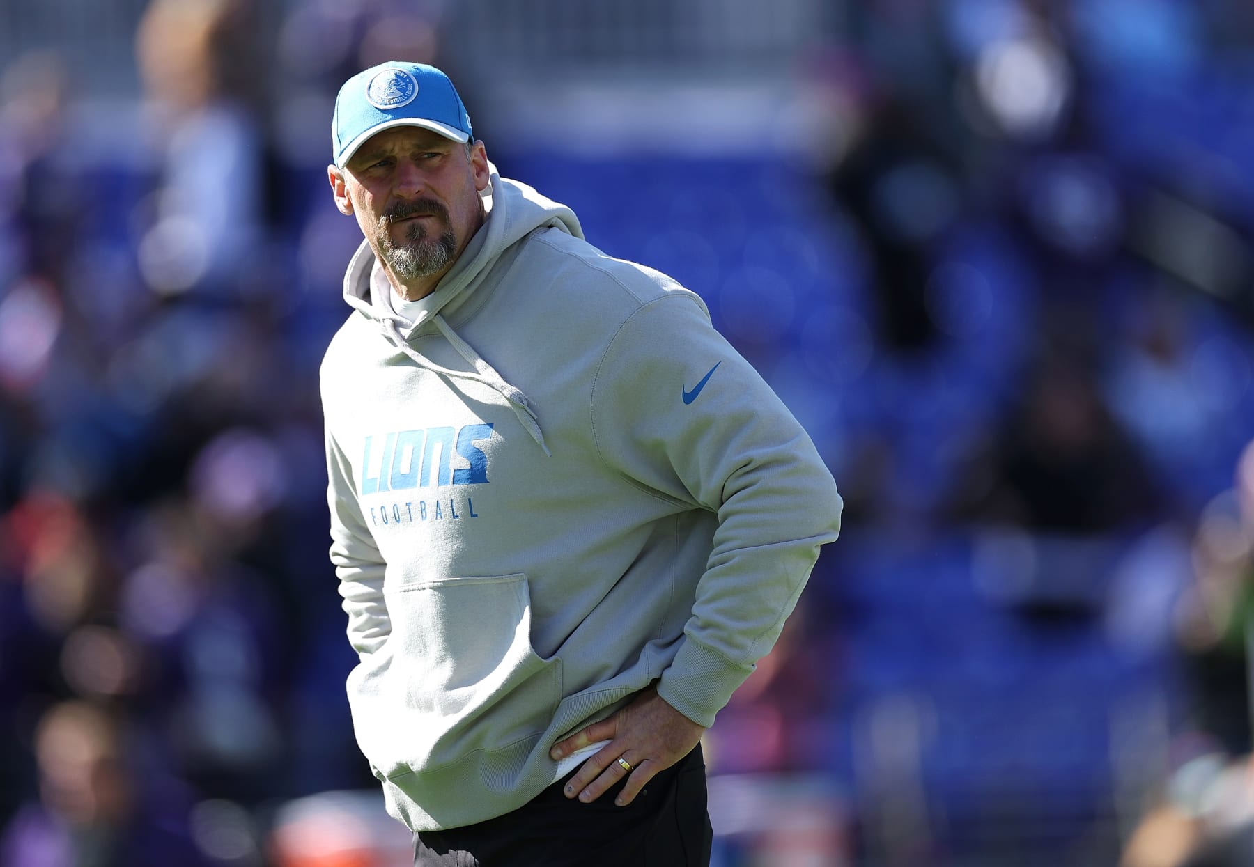 BALTIMORE, MARYLAND - OCTOBER 22: Head coach Dan Campbell of the Detroit Lions looks on before the game against the Baltimore Ravens at M&T Bank Stadium on October 22, 2023 in Baltimore, Maryland. (Photo by Patrick Smith/Getty Images)