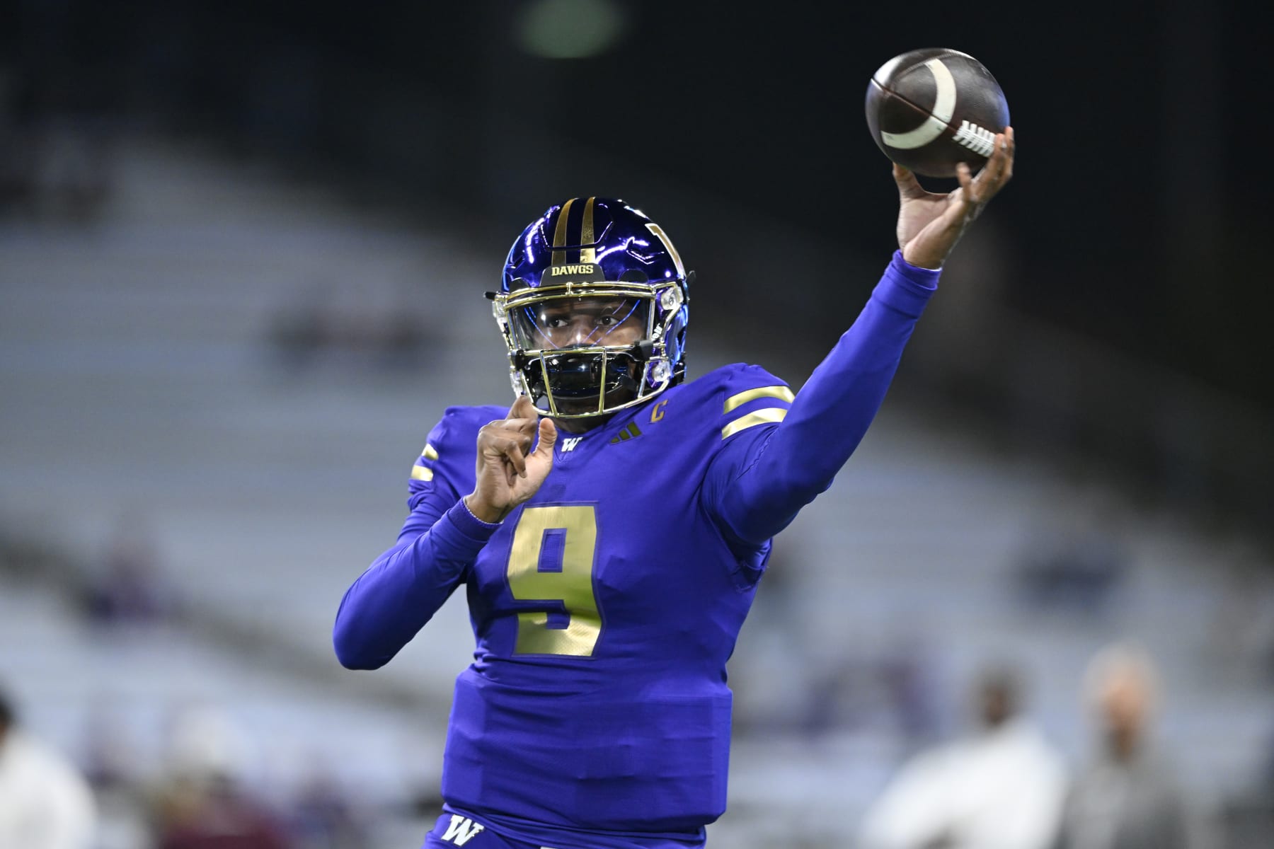SEATTLE, WASHINGTON - OCTOBER 21: Michael Penix Jr. #9 of the Washington Huskies warms up before the game against the Arizona State Sun Devils at Husky Stadium on October 21, 2023 in Seattle, Washington. (Photo by Alika Jenner/Getty Images)