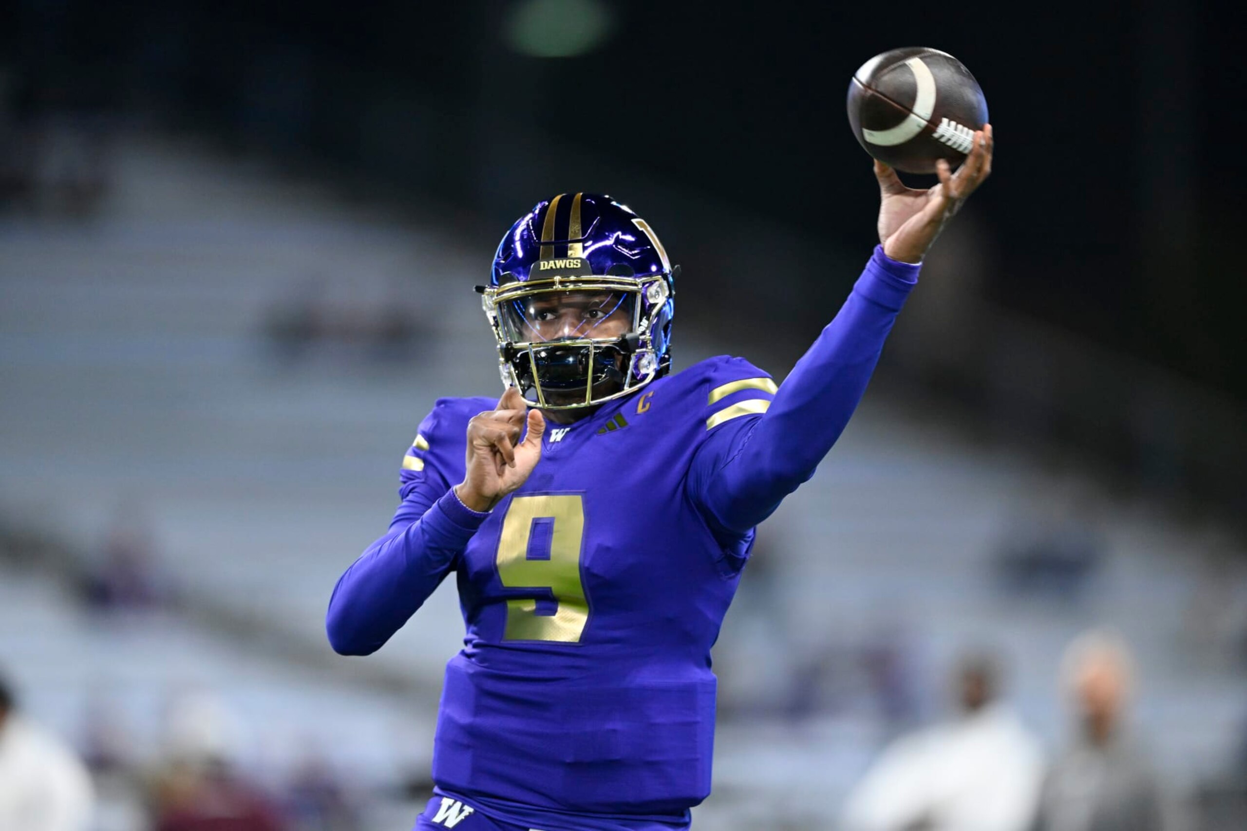 SEATTLE, WASHINGTON - OCTOBER 21: Michael Penix Jr. #9 of the Washington Huskies warms up before the game against the Arizona State Sun Devils at Husky Stadium on October 21, 2023 in Seattle, Washington. (Photo by Alika Jenner/Getty Images)