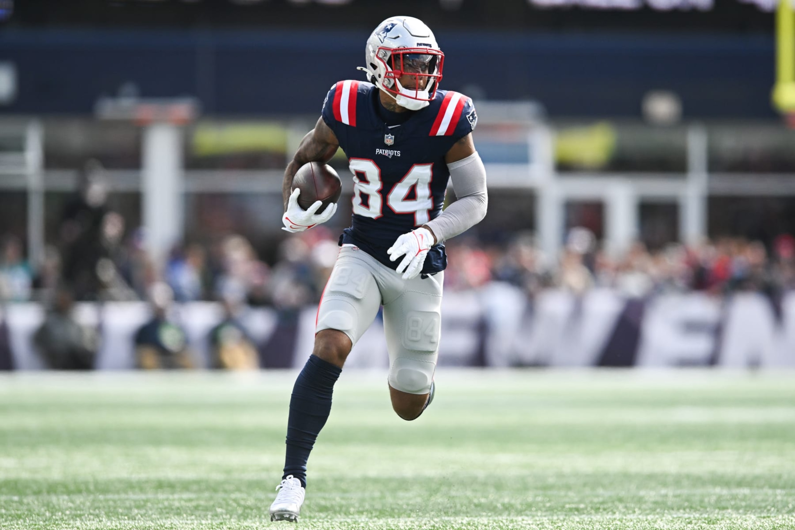 FOXBORO, MA - OCTOBER 22: Kendrick Bourne #84 of the New England Patriots runs with the football during the first half against the Buffalo Bills at Gillette Stadium on October 22, 2023 in Foxboro, Massachusetts. (Photo by Kathryn Riley/Getty Images) FOXBORO, MA - OCTOBER 22: Kendrick Bourne #84 of the New England Patriots runs with the football during the first half against the Buffalo Bills at Gillette Stadium on October 22, 2023 in Foxboro, Massachusetts. (Photo by Kathryn Riley/Getty Images)
