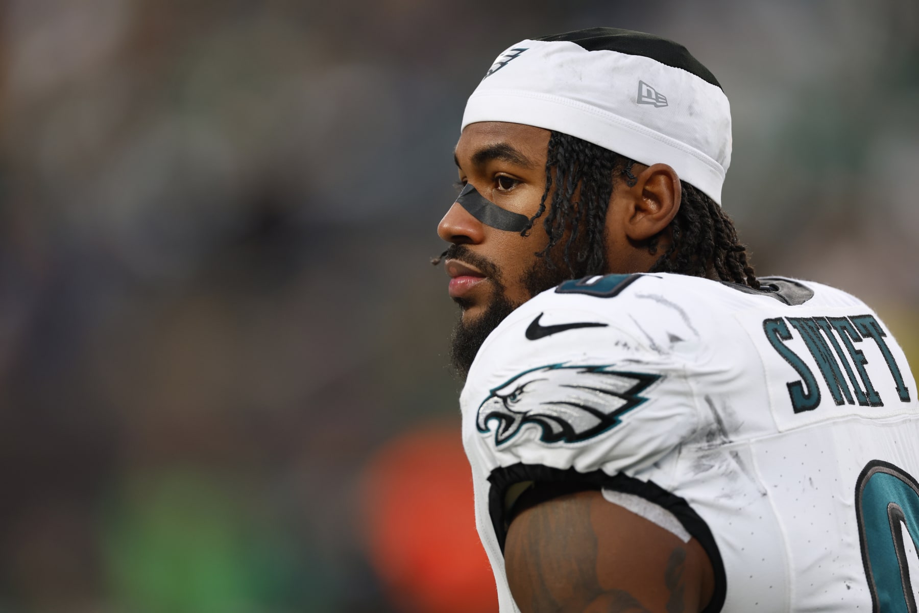 Philadelphia Eagles running back D'Andre Swift (0) in action against the New York Jets during an NFL football game, Sunday, Oct. 15, 2023, in East Rutherford NJ. (AP Photo/Rich Schultz)