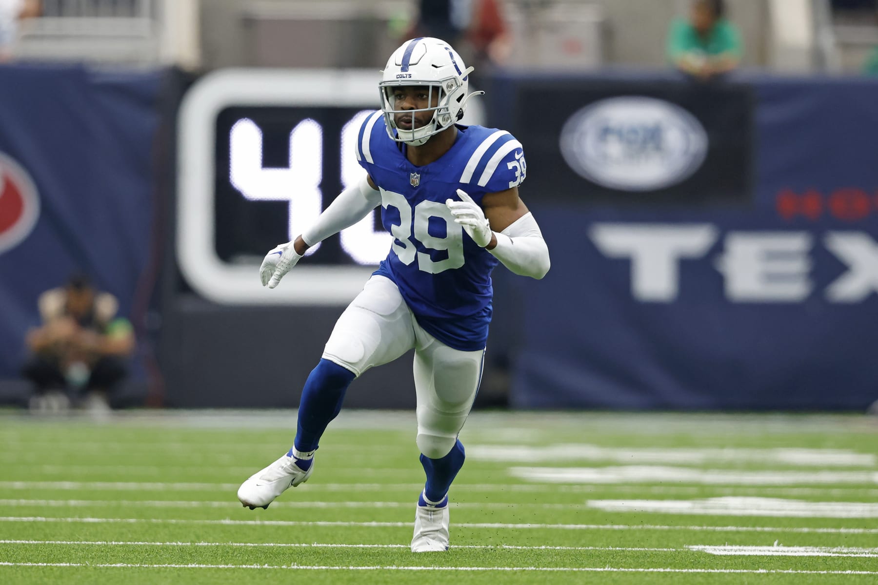 Indianapolis Colts cornerback Darrell Baker Jr. (39) during an NFL football game against the Houston Texans, Sunday, Sep. 17, 2023, in Houston. (AP Photo/Tyler Kaufman)