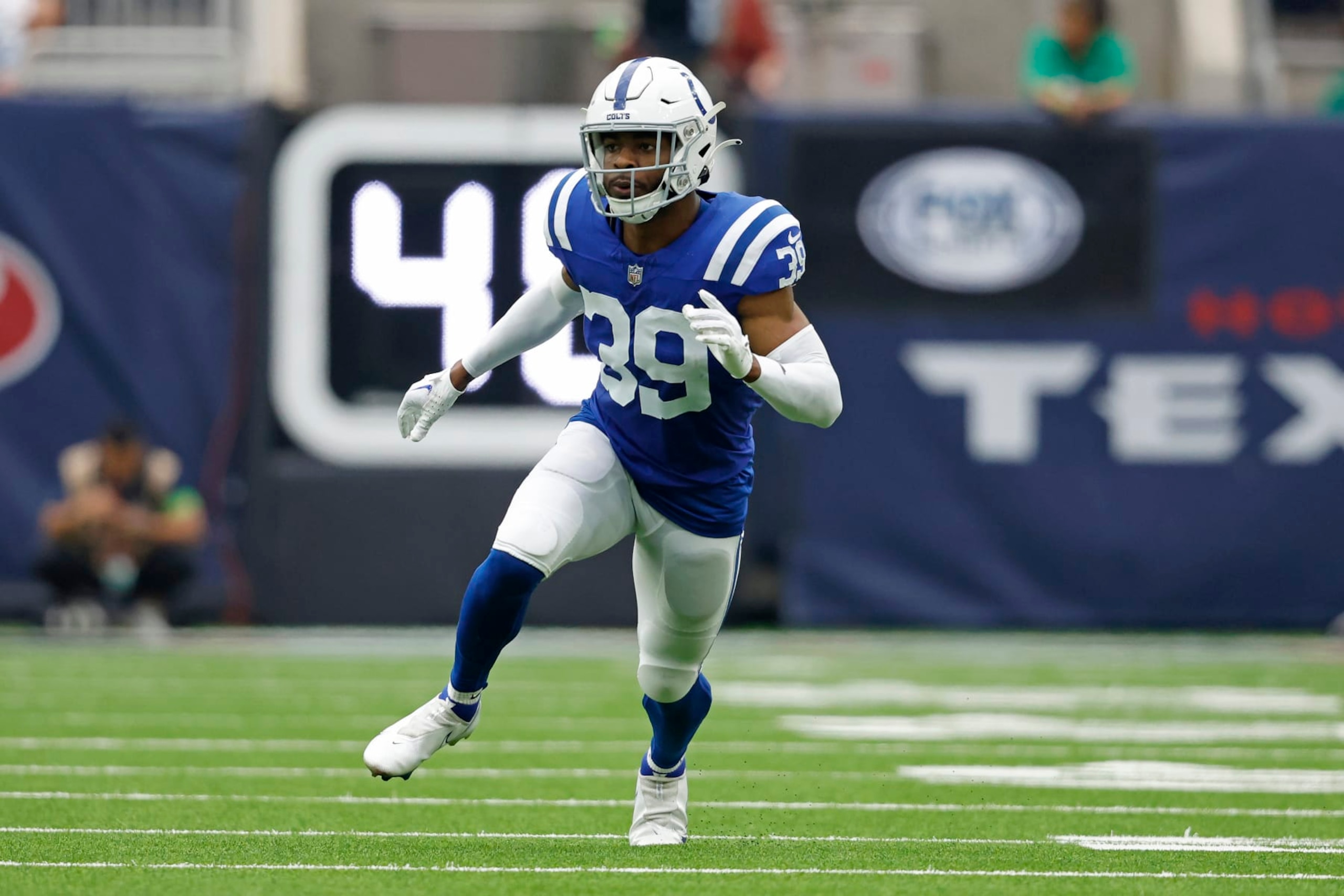 Indianapolis Colts cornerback Darrell Baker Jr. (39) during an NFL football game against the Houston Texans, Sunday, Sep. 17, 2023, in Houston. (AP Photo/Tyler Kaufman)