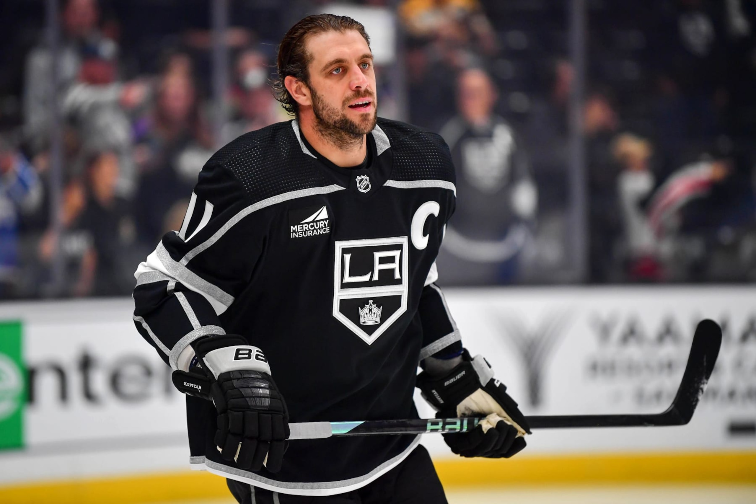 LOS ANGELES, CA - OCTOBER 21: Anze Kopitar #11 of the Los Angeles Kings skates on the ice during warm ups prior to his 1,297th career game and the most games played in LA Kings history prior to the game against the Boston Bruins at Crypto.com Arena on October 21, 2023 in Los Angeles, California. (Photo by Gary A. Vasquez/NHLI via Getty Images)