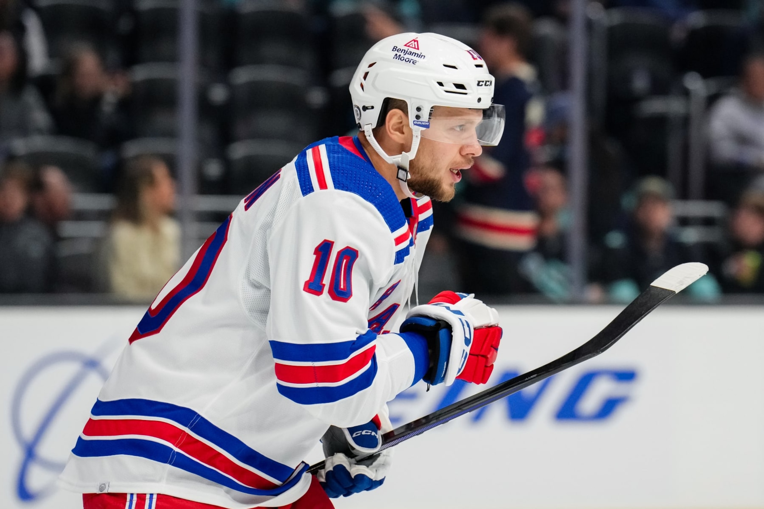 SEATTLE, WASHINGTON - OCTOBER 21: Artemi Panarin #10 of the New York Rangers skates during the first period of a game against the Seattle Kraken at Climate Pledge Arena on October 21, 2023 in Seattle, Washington. (Photo by Christopher Mast/NHLI via Getty Images)
